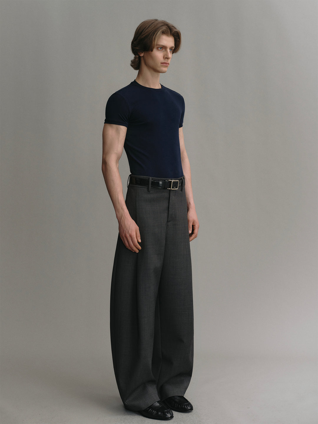 Dark Gray Wool Wide-leg Pants With Side Pleated Design