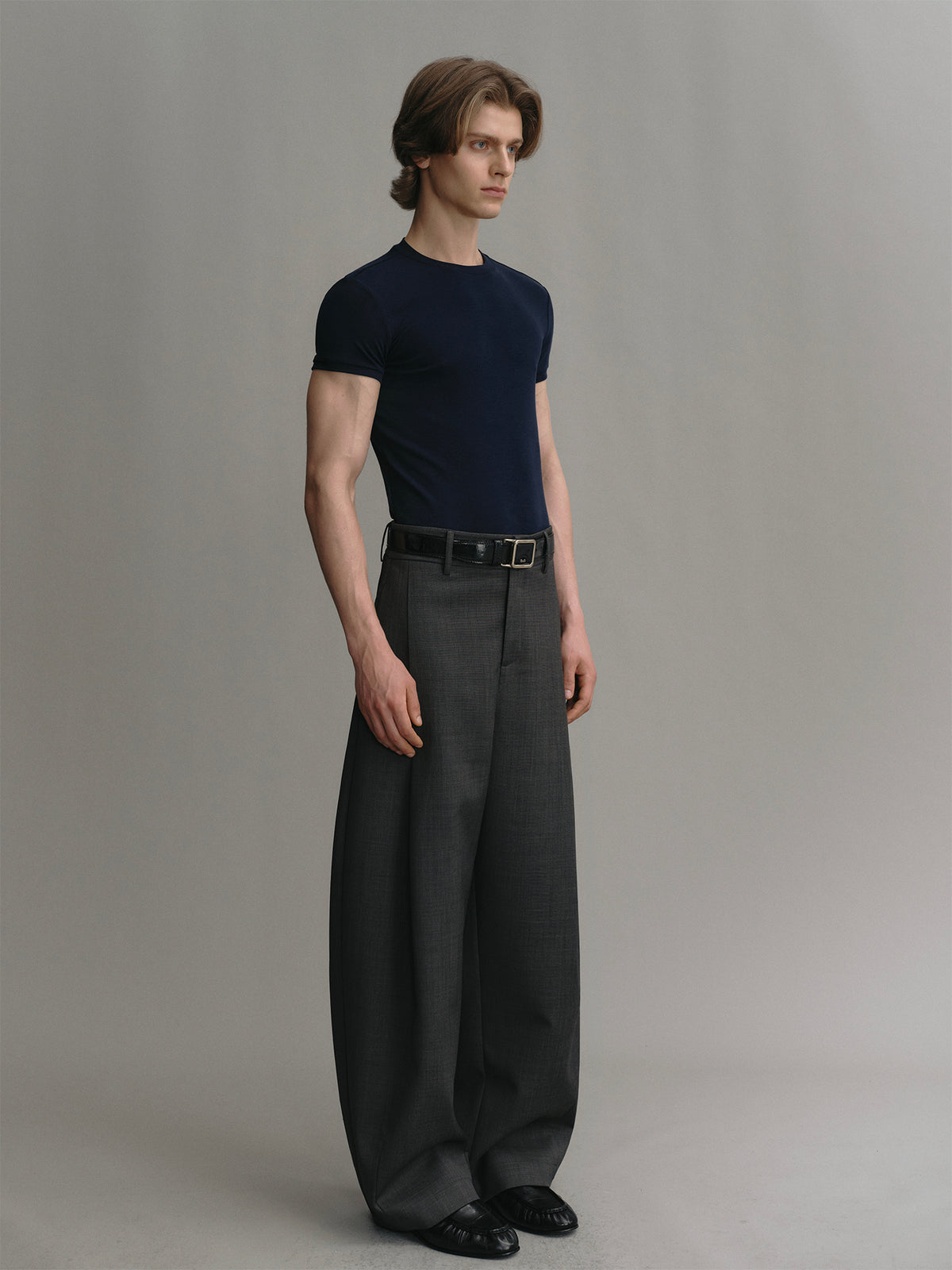 Dark gray wool wide leg pants with side pleated design