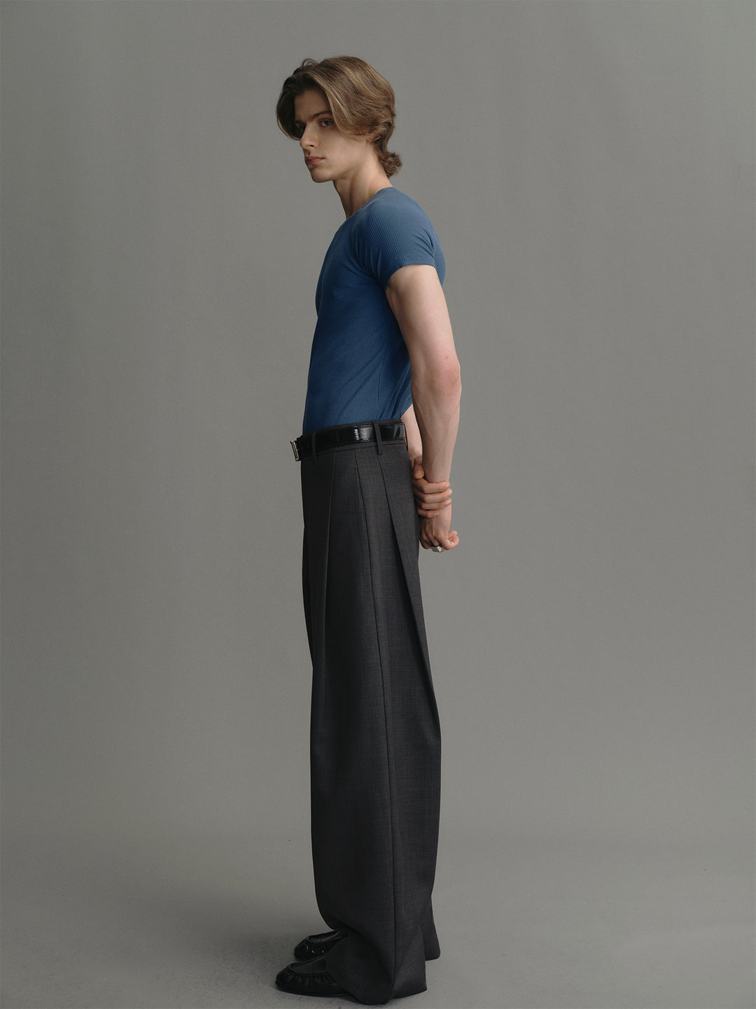 Dark Gray Wool Wide-leg Pants With Side Pleated Design