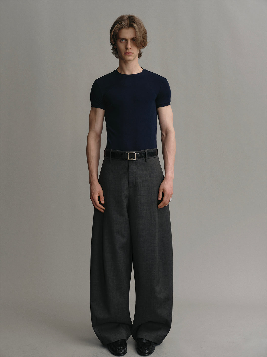 Dark Gray Wool Wide-leg Pants With Side Pleated Design