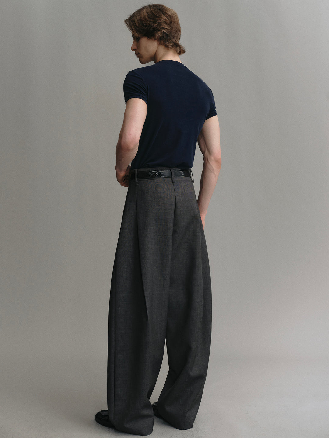 Dark Gray Wool Wide-leg Pants With Side Pleated Design