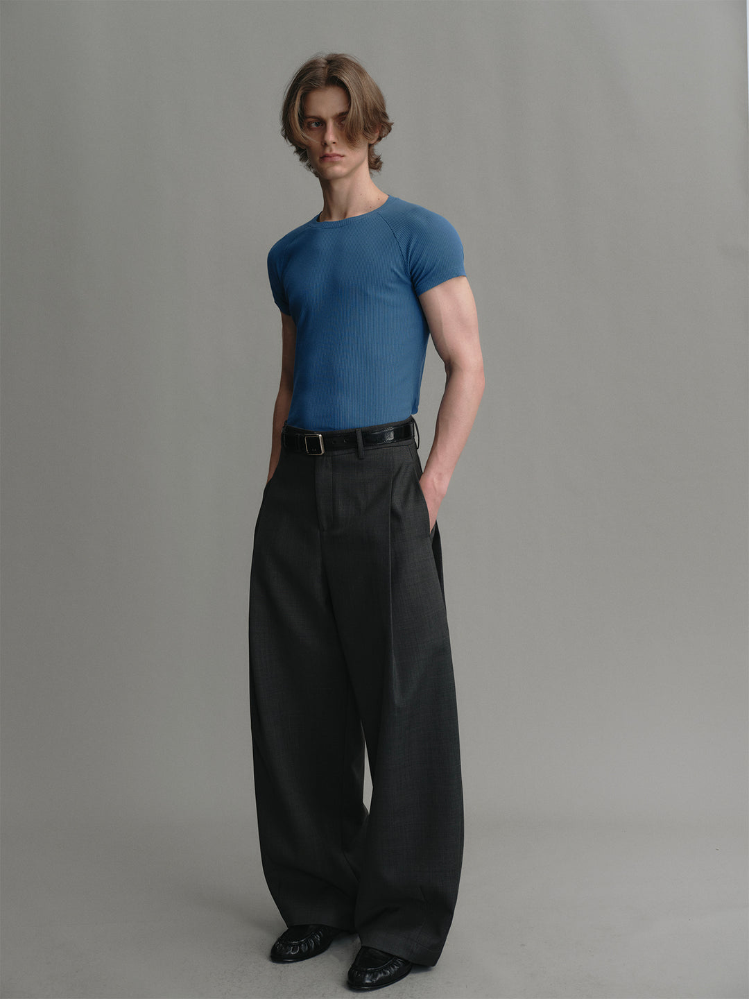 Dark Gray Wool Wide-leg Pants With Side Pleated Design