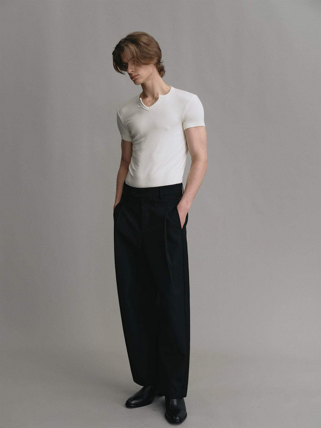 Black Wool Curved Cropped Trousers