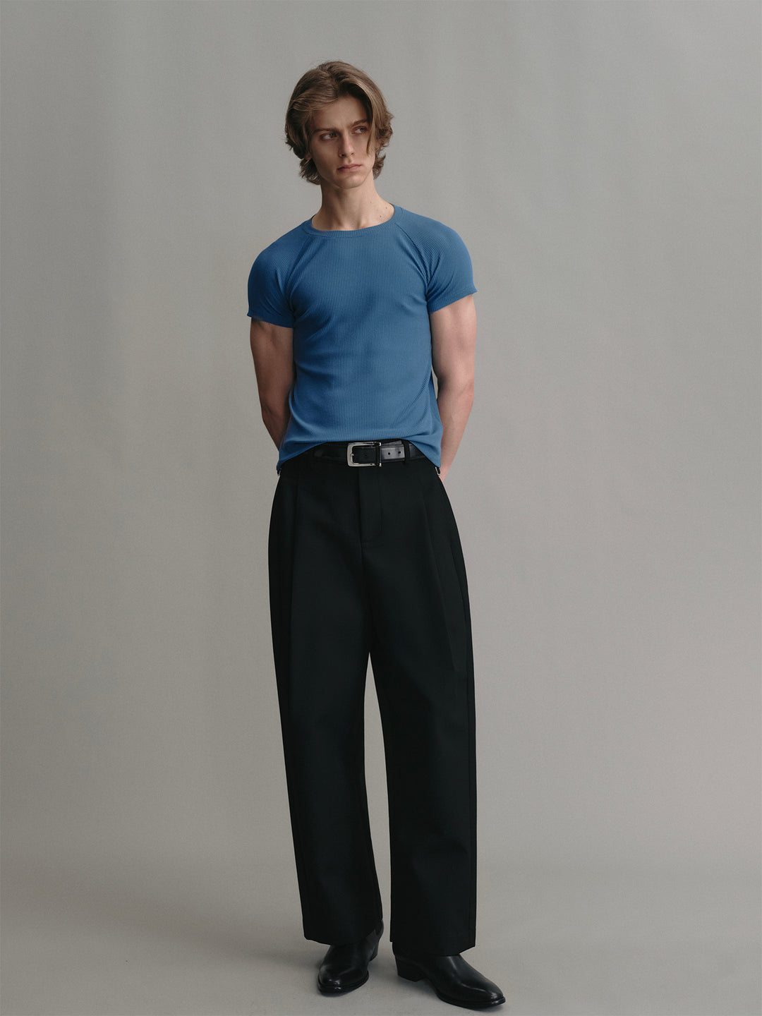 Black Wool Curved Cropped Trousers