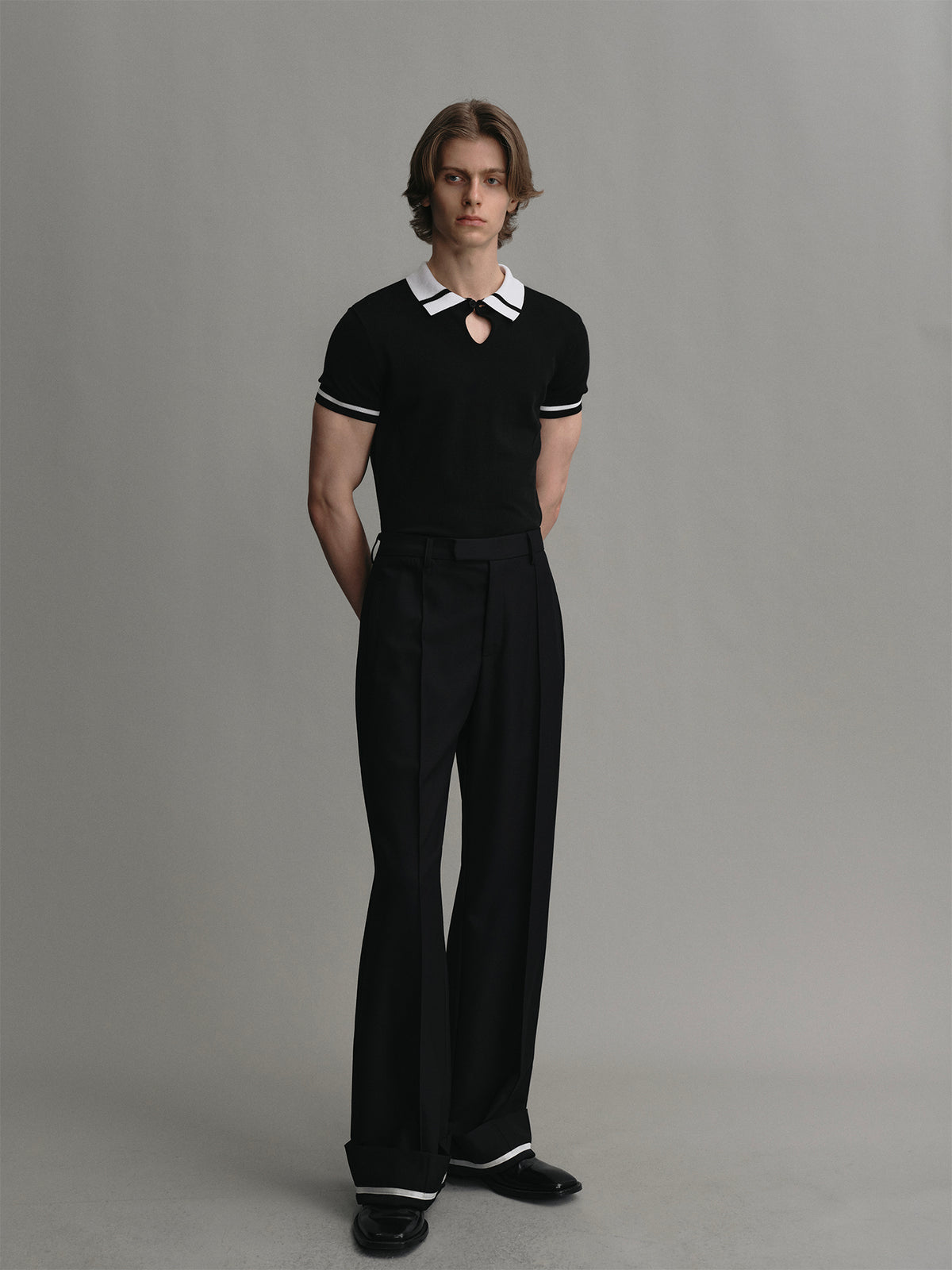 Color blocked acetate wool knit short sleeve polo shirt