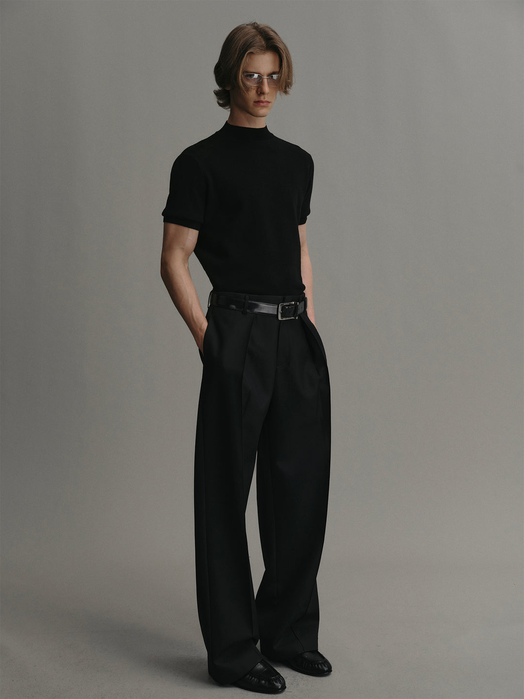 Black Mock Neck Short-sleeve Wool Knit Sweater