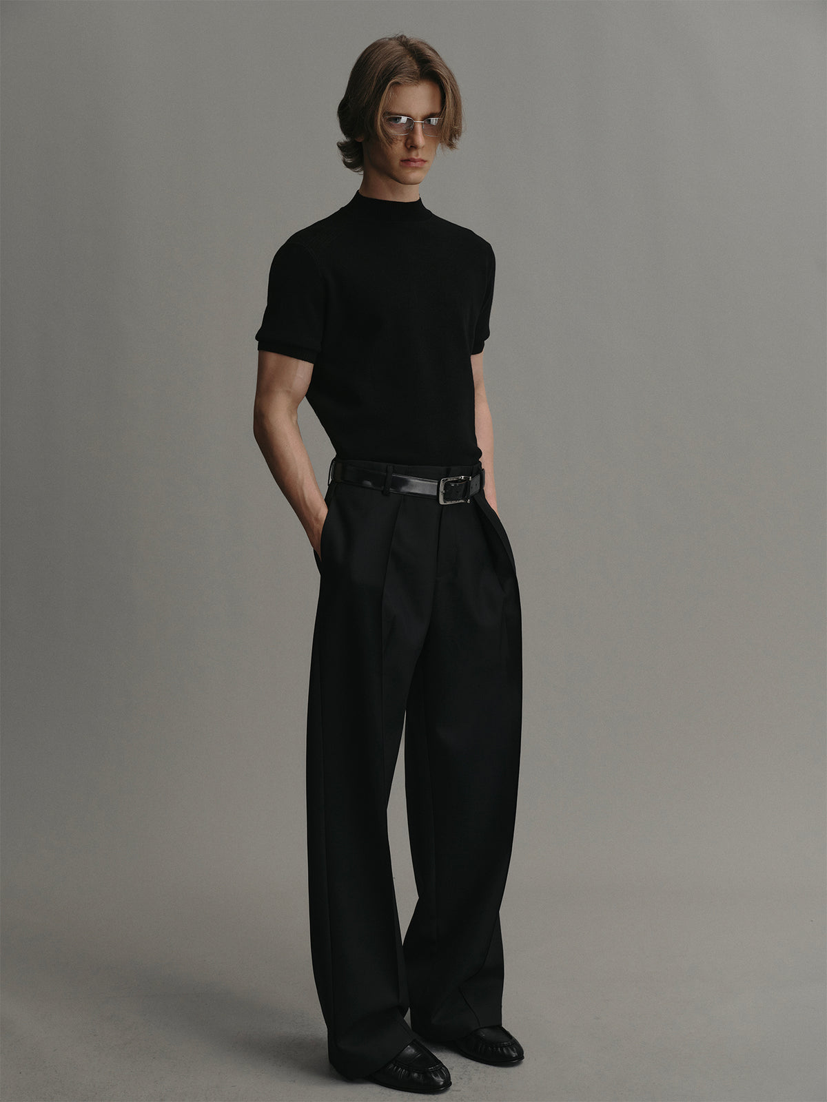 Black mock neck short sleeve wool knit sweater