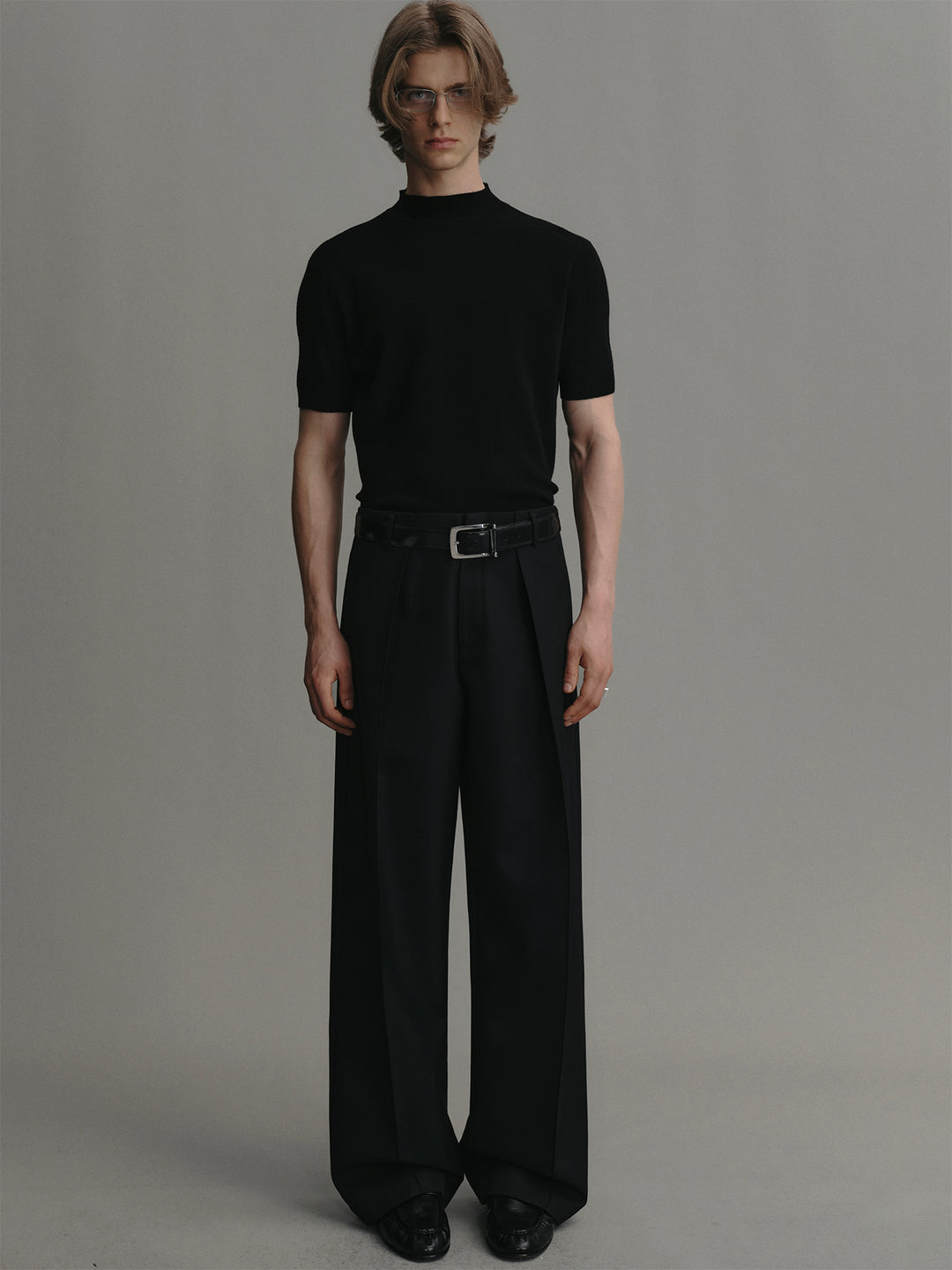 Black Mock Neck Short-sleeve Wool Knit Sweater
