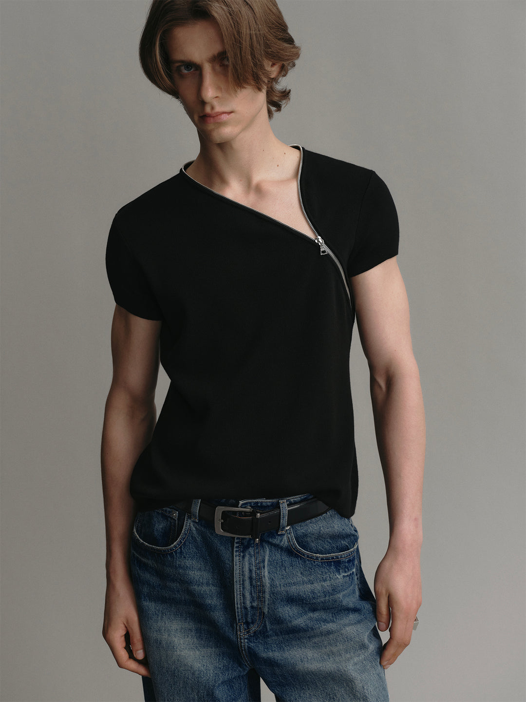 Acetate-wool Knitted Sweater With Side Zip Design