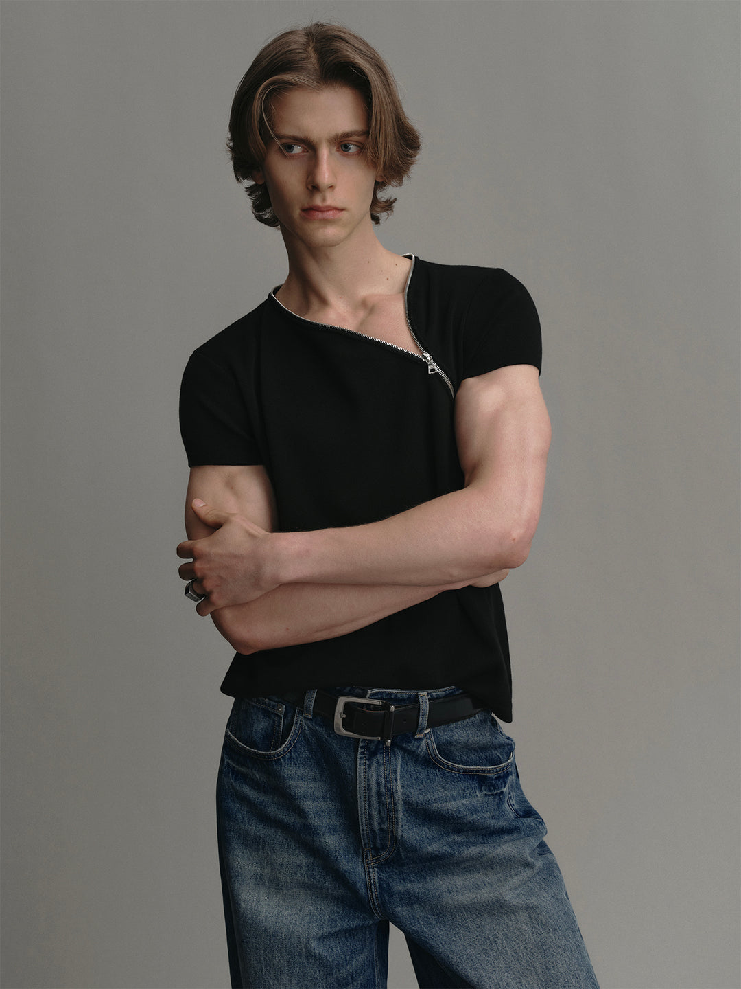 Acetate-wool Knitted Sweater With Side Zip Design