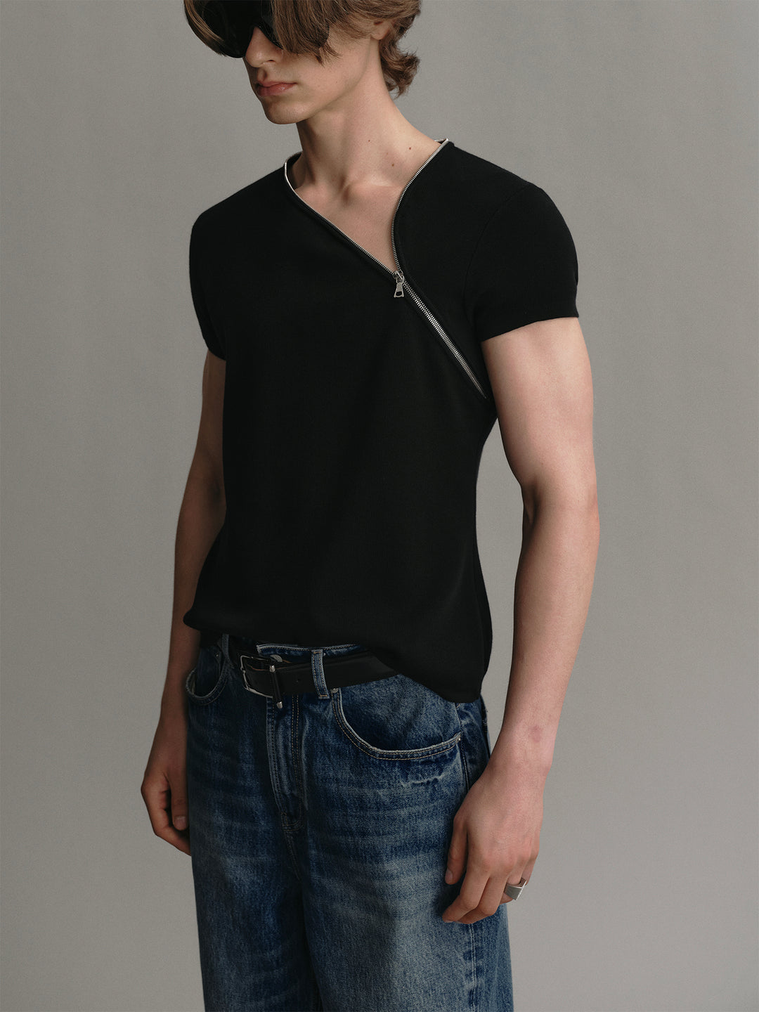 Acetate-wool Knitted Sweater With Side Zip Design