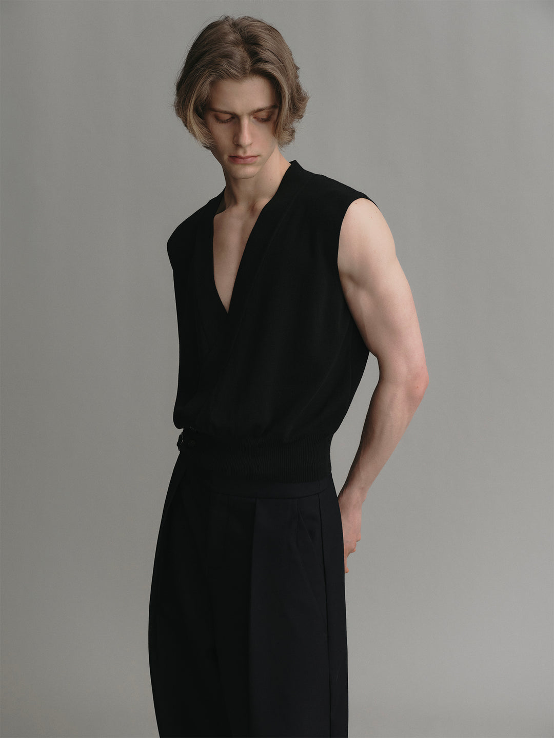 Black Knitted Vest with Cross V-Neck and Two-Button Made of Acetate Wool