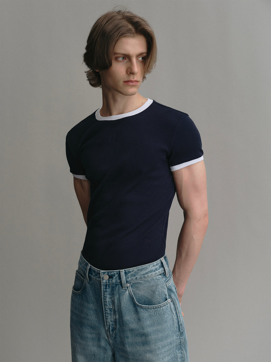 Crew Neck Stretch Slim-fit T-shirt with Color Contrast on Collar and Cuffs