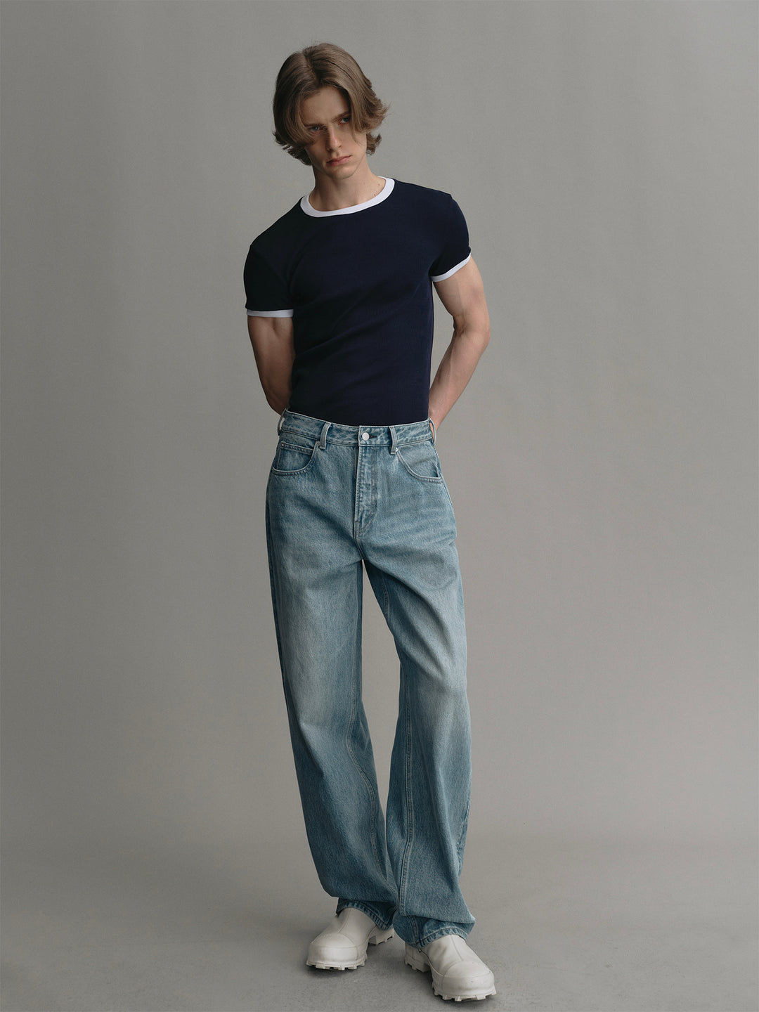 Crew Neck Stretch Slim-fit T-shirt with Color Contrast on Collar and Cuffs