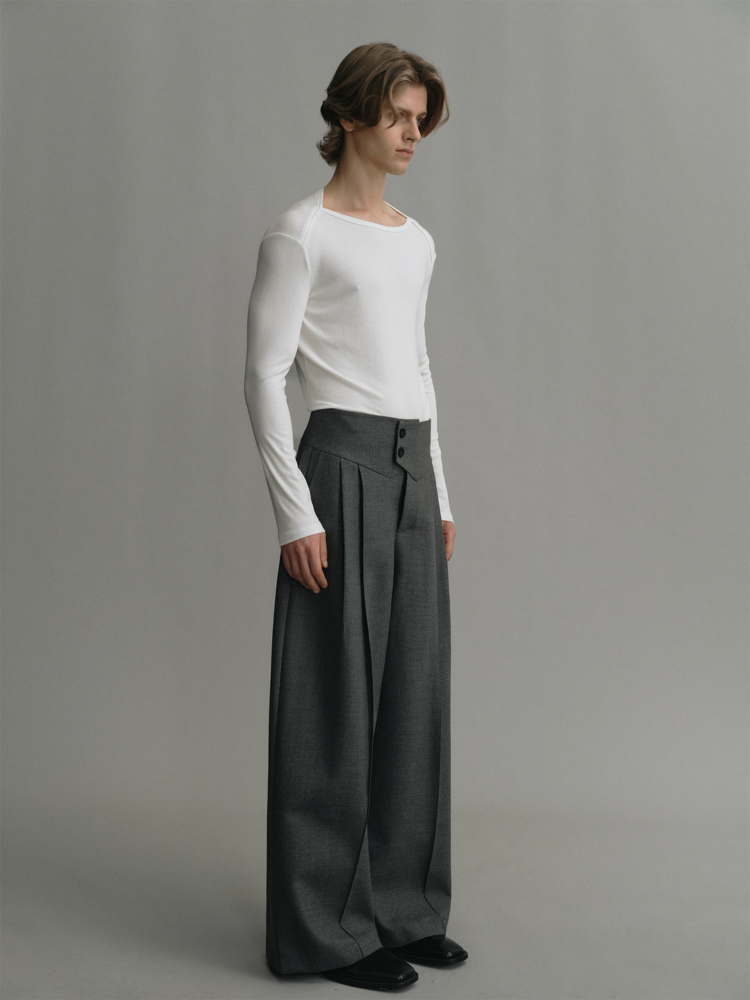 Wide Waistband Structured Grey Wool Wide-leg Suit Trousers