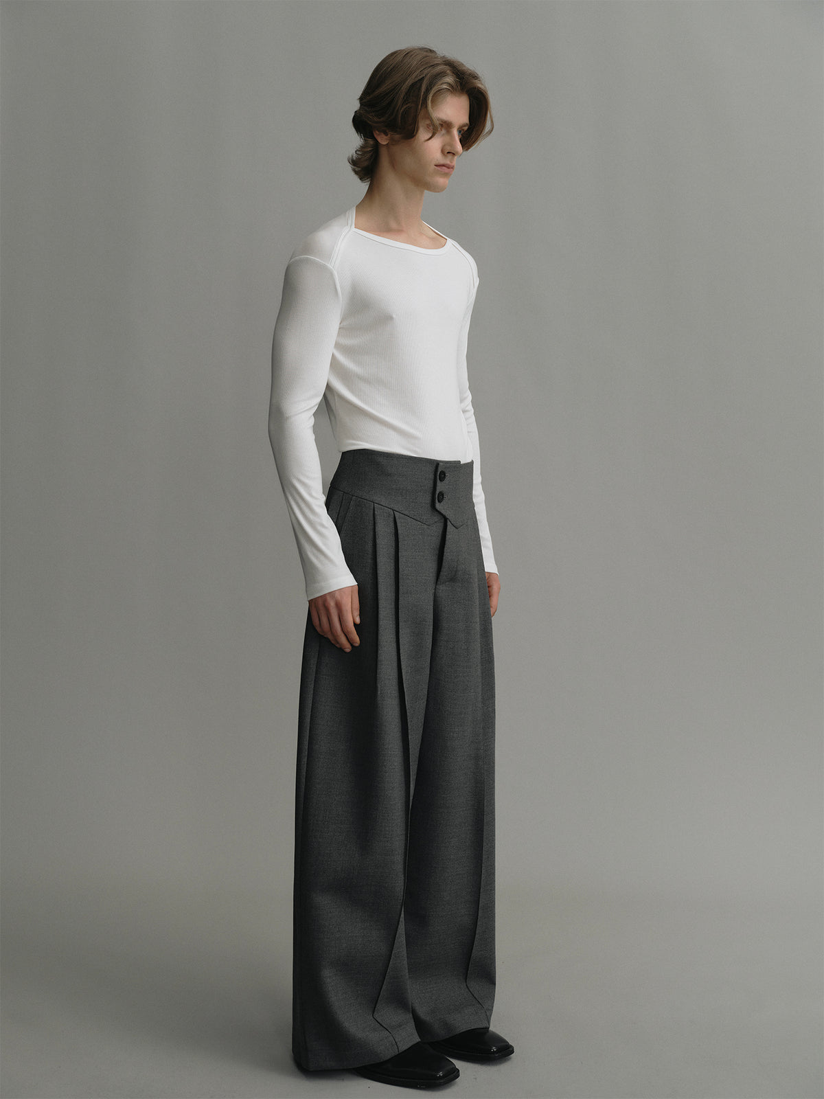 Wide waistband structured grey wool wide leg suit trousers