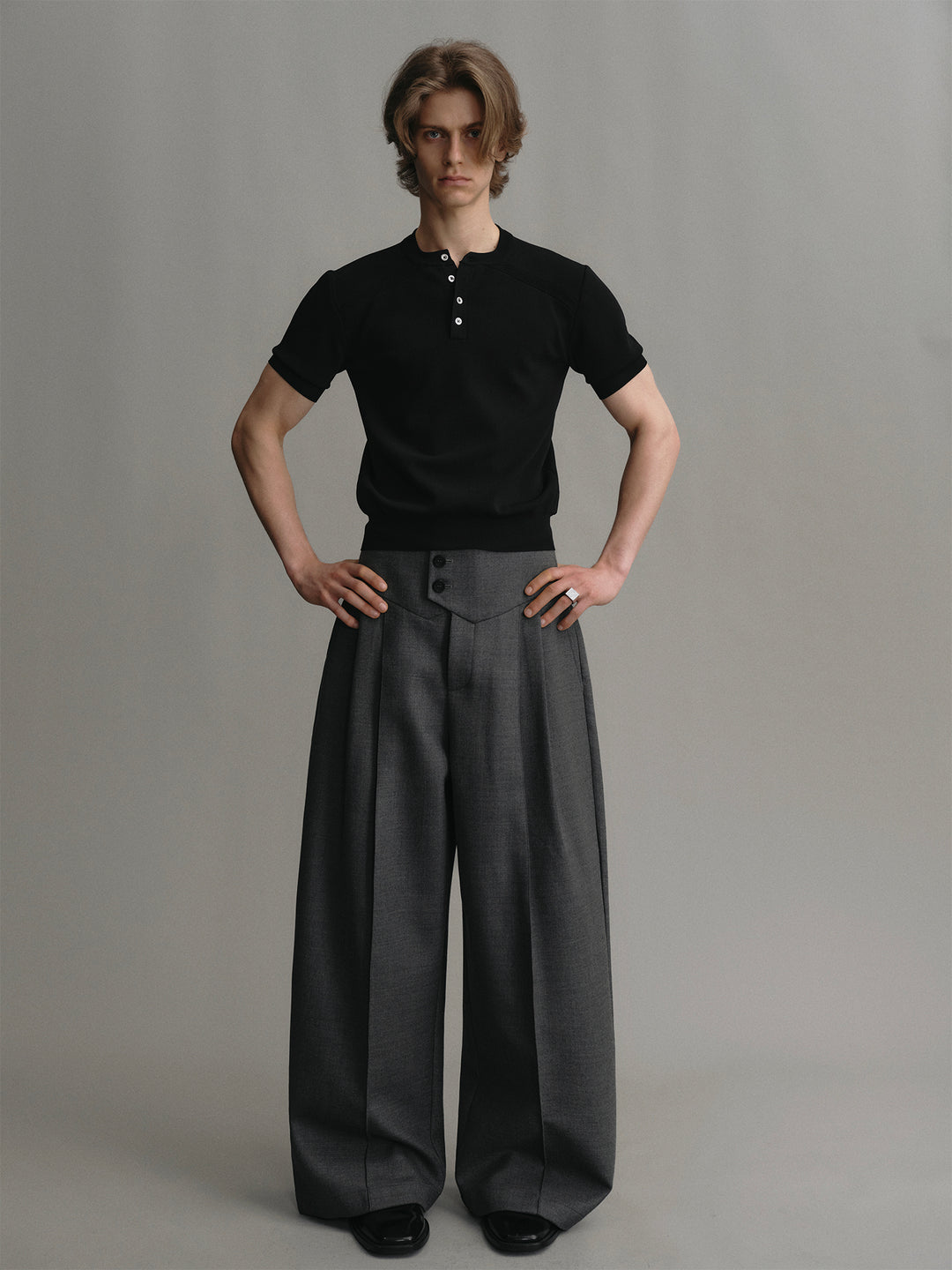 Wide Waistband Structured Grey Wool Wide-leg Suit Trousers