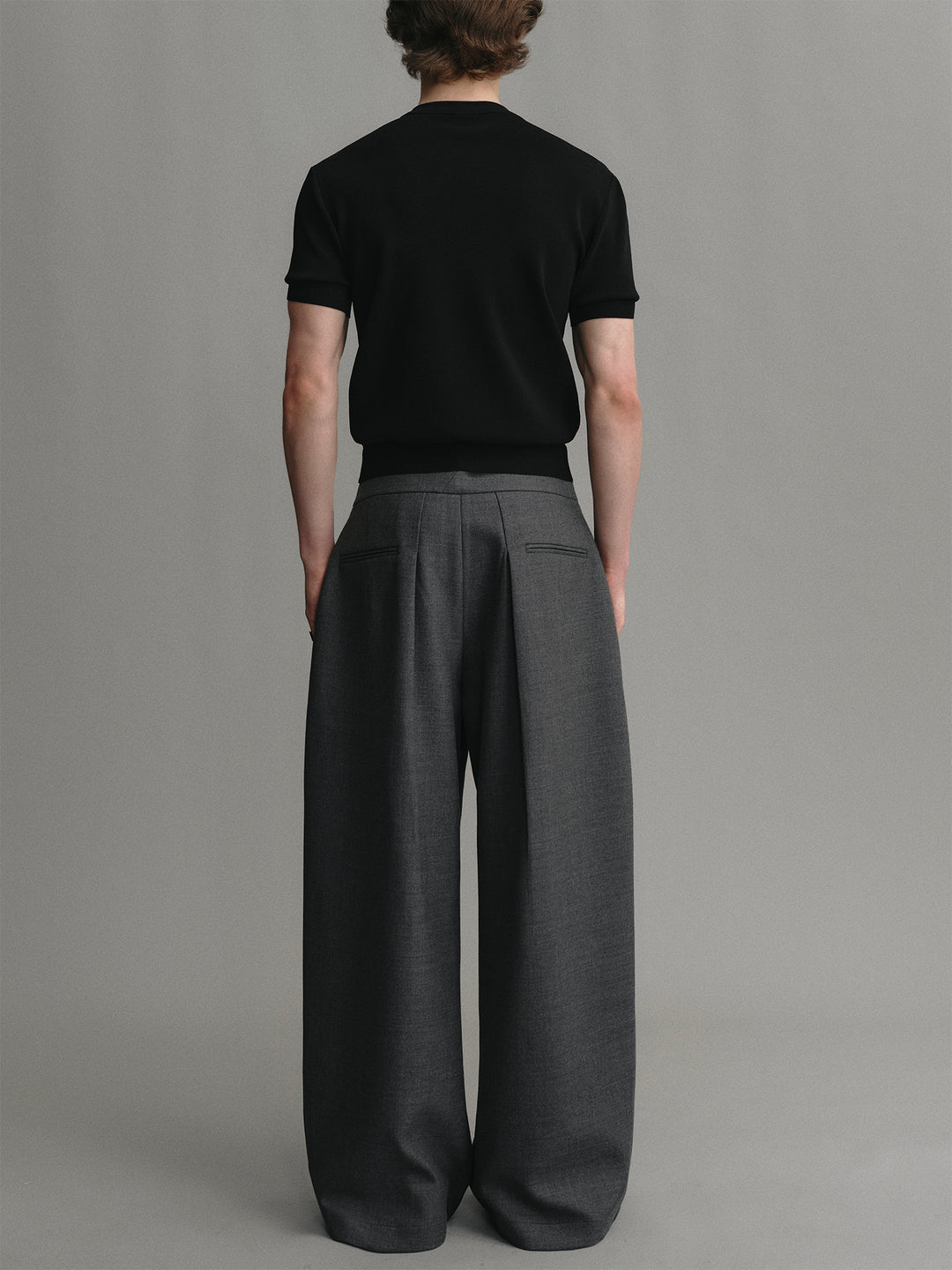 Wide Waistband Structured Grey Wool Wide-leg Suit Trousers