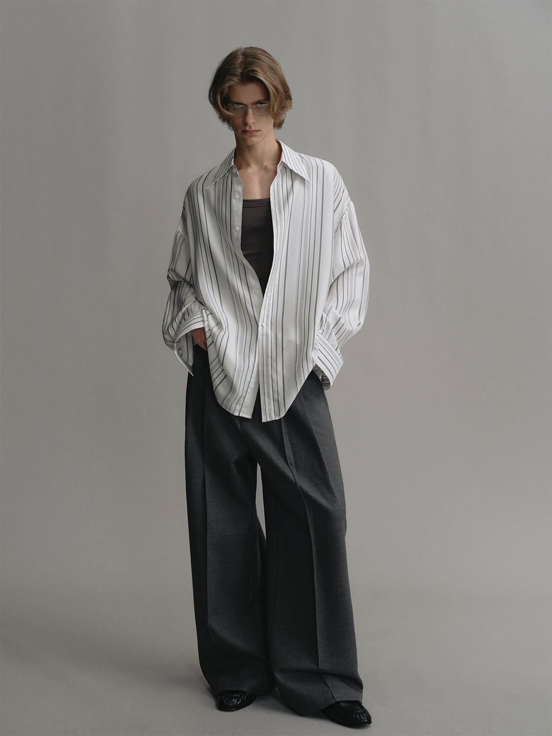 Wide Waistband Structured Grey Wool Wide-leg Suit Trousers