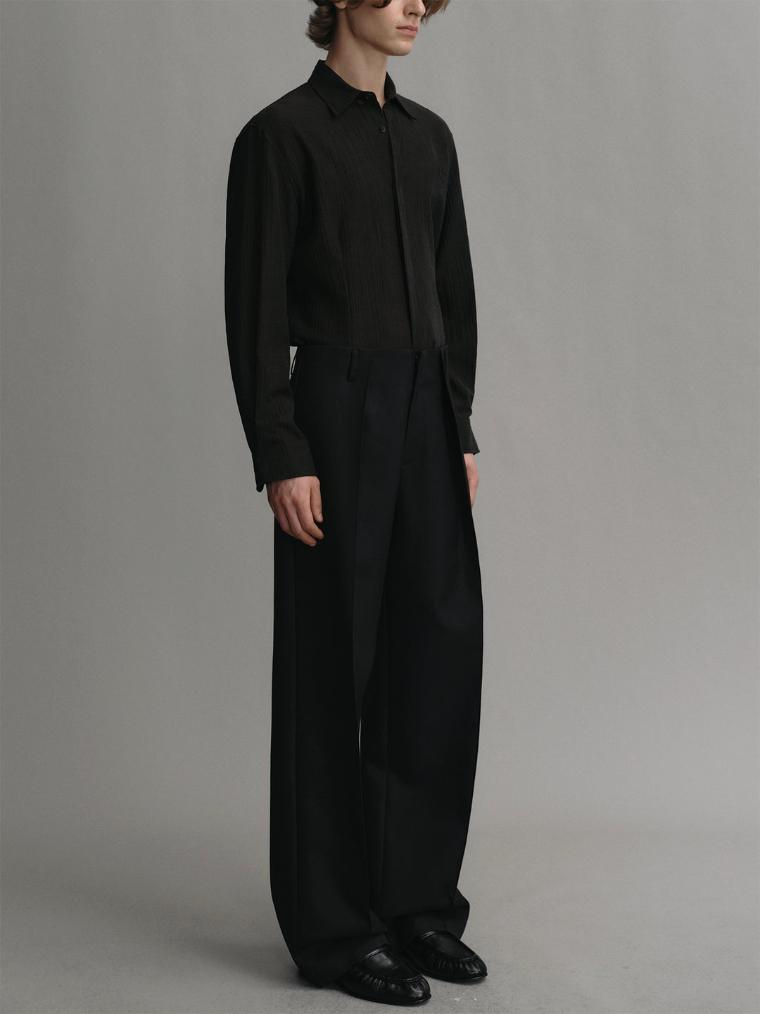 Textured Lyocell Black Lightweight Long-sleeve Shirt