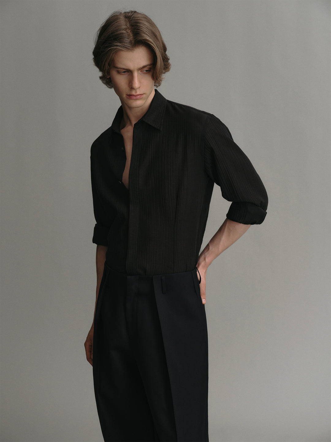 Textured Lyocell Black Lightweight Long-sleeve Shirt