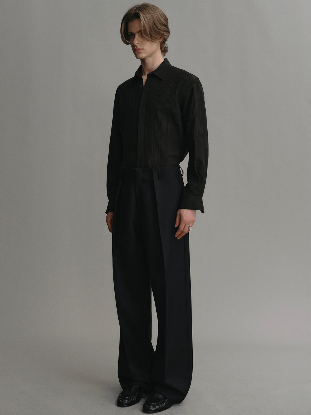 Textured Lyocell Black Lightweight Long-sleeve Shirt