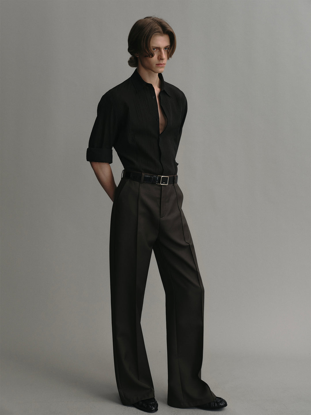 Textured Lyocell Black Lightweight Long-sleeve Shirt