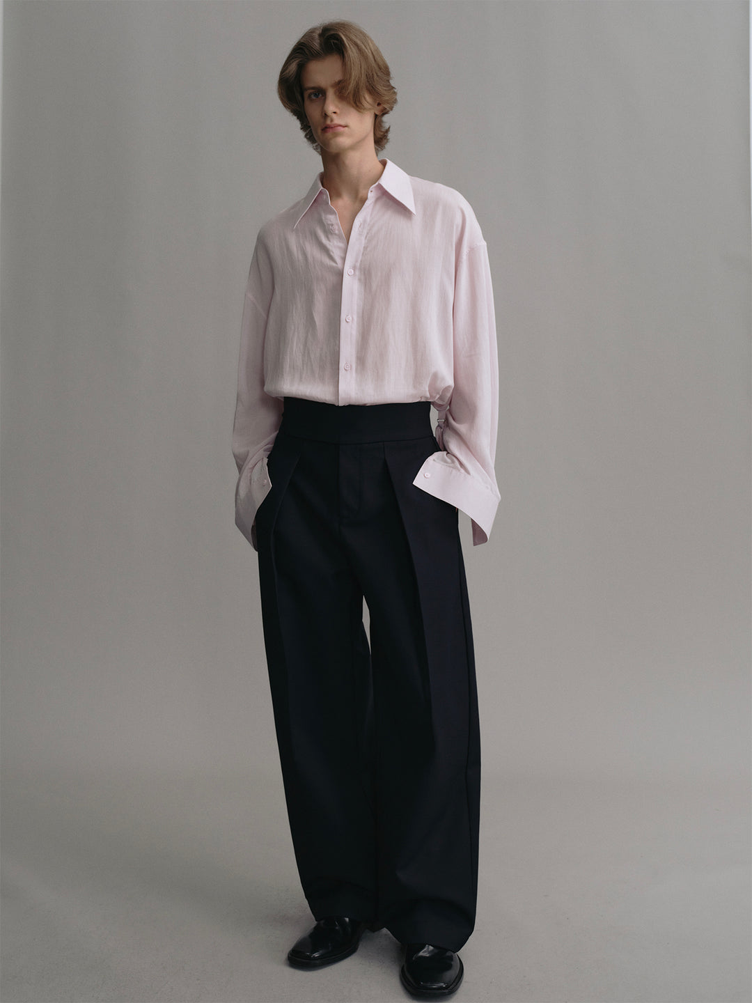 Lotus Root Pink Shirt with Belted Silhouette, Made of Ramie and Lyocell