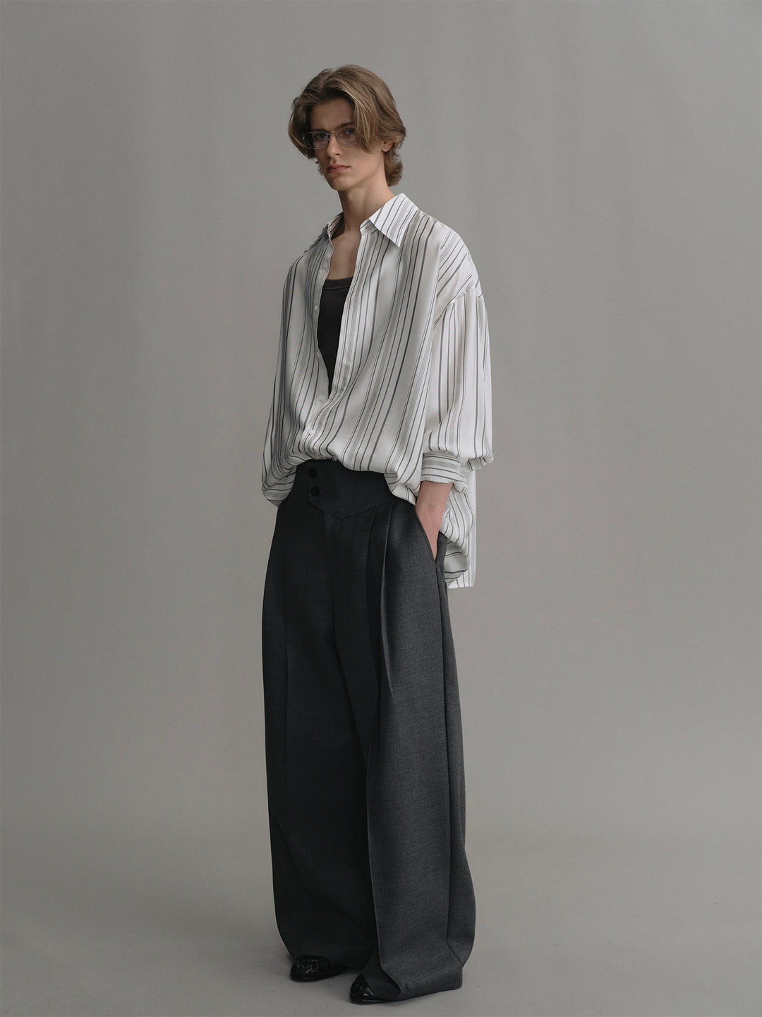 Loose Silhouette Shirt With Grey Stripes Made Of Drapey Cupro Fabric