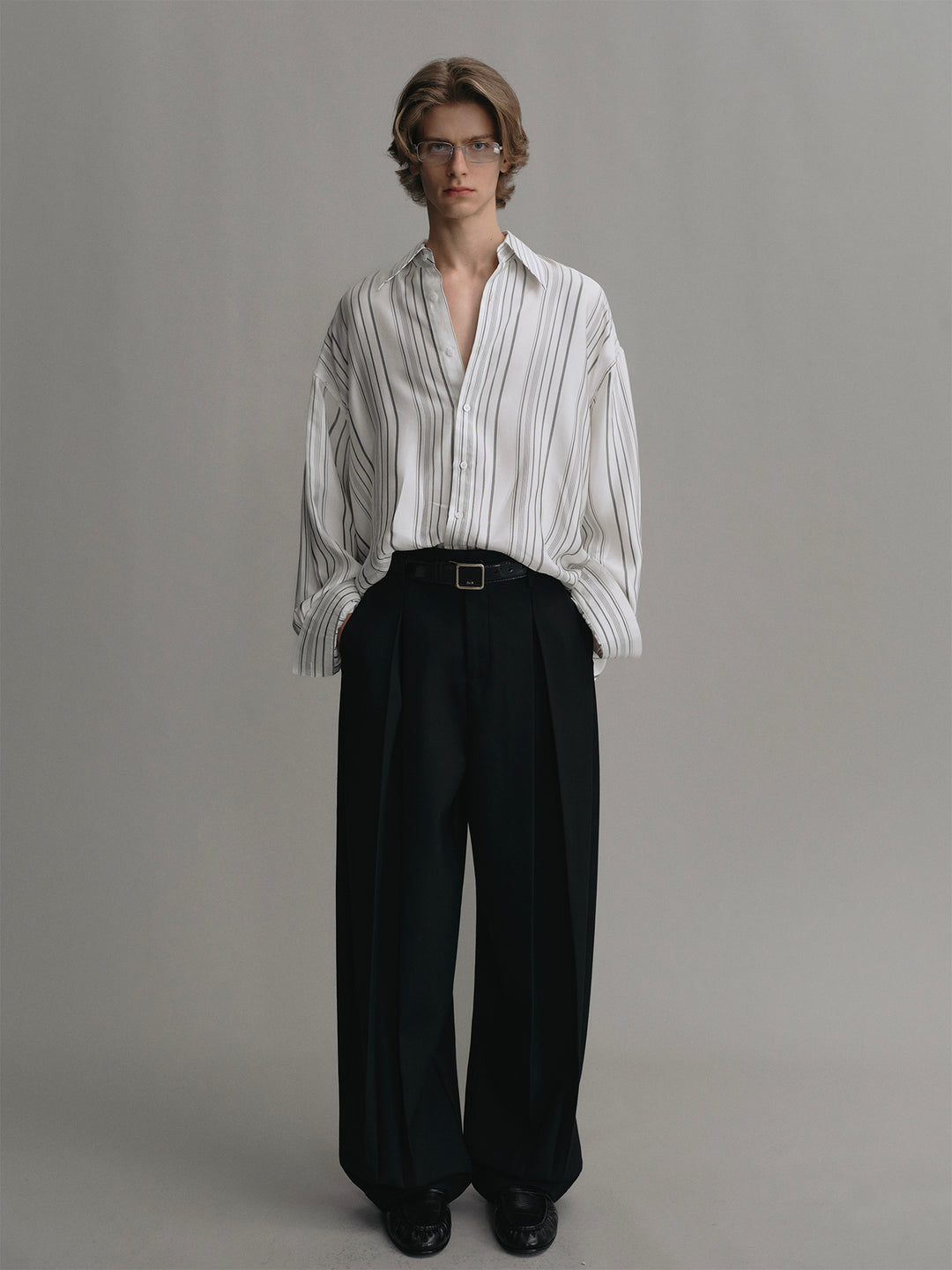 Loose Silhouette Shirt With Grey Stripes Made Of Drapey Cupro Fabric