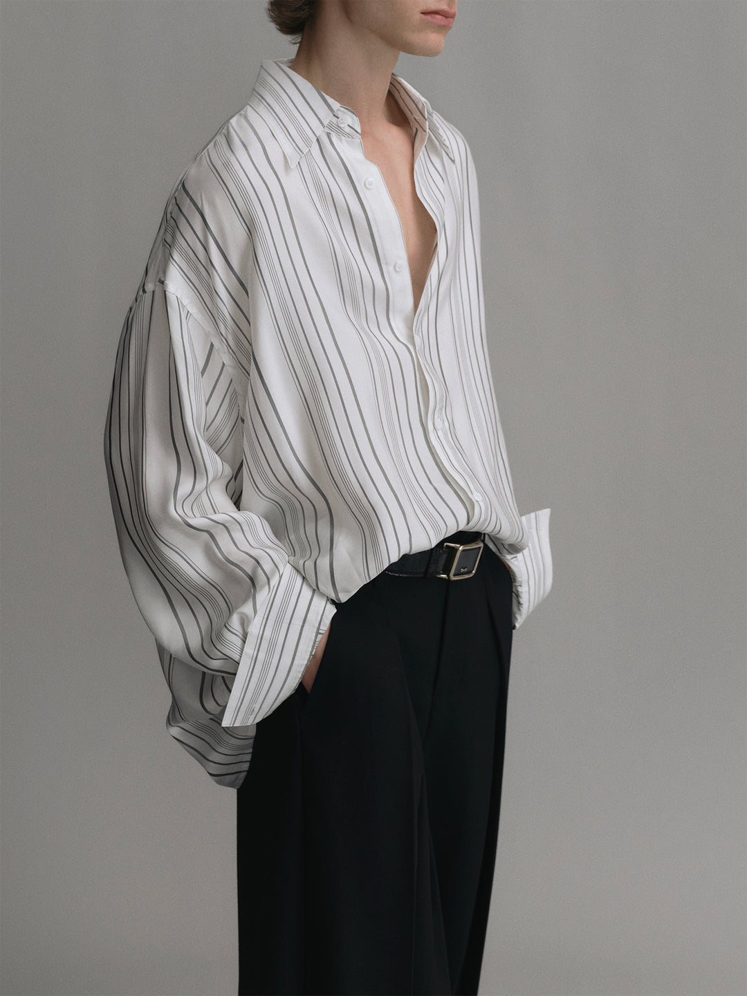 Loose Silhouette Shirt With Grey Stripes Made Of Drapey Cupro Fabric