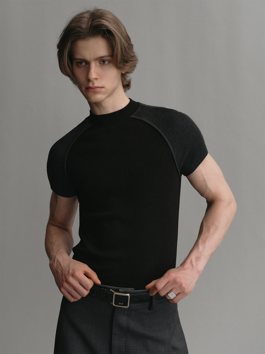 Raglan Sleeve Color-block Design Rabbit Fur Crew Neck Stretch Slim-fit T-shirt