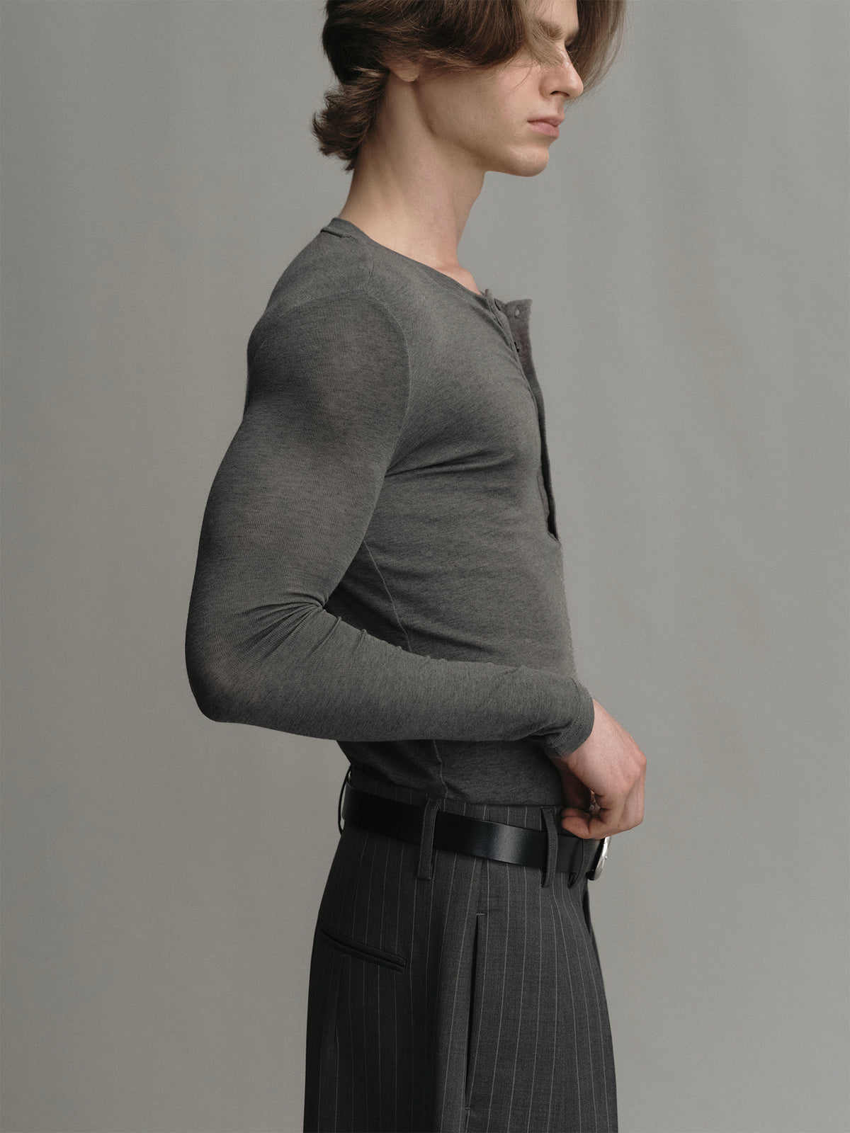 Heather grey henley neck lyocell & wool long sleeve sun protection t shirt