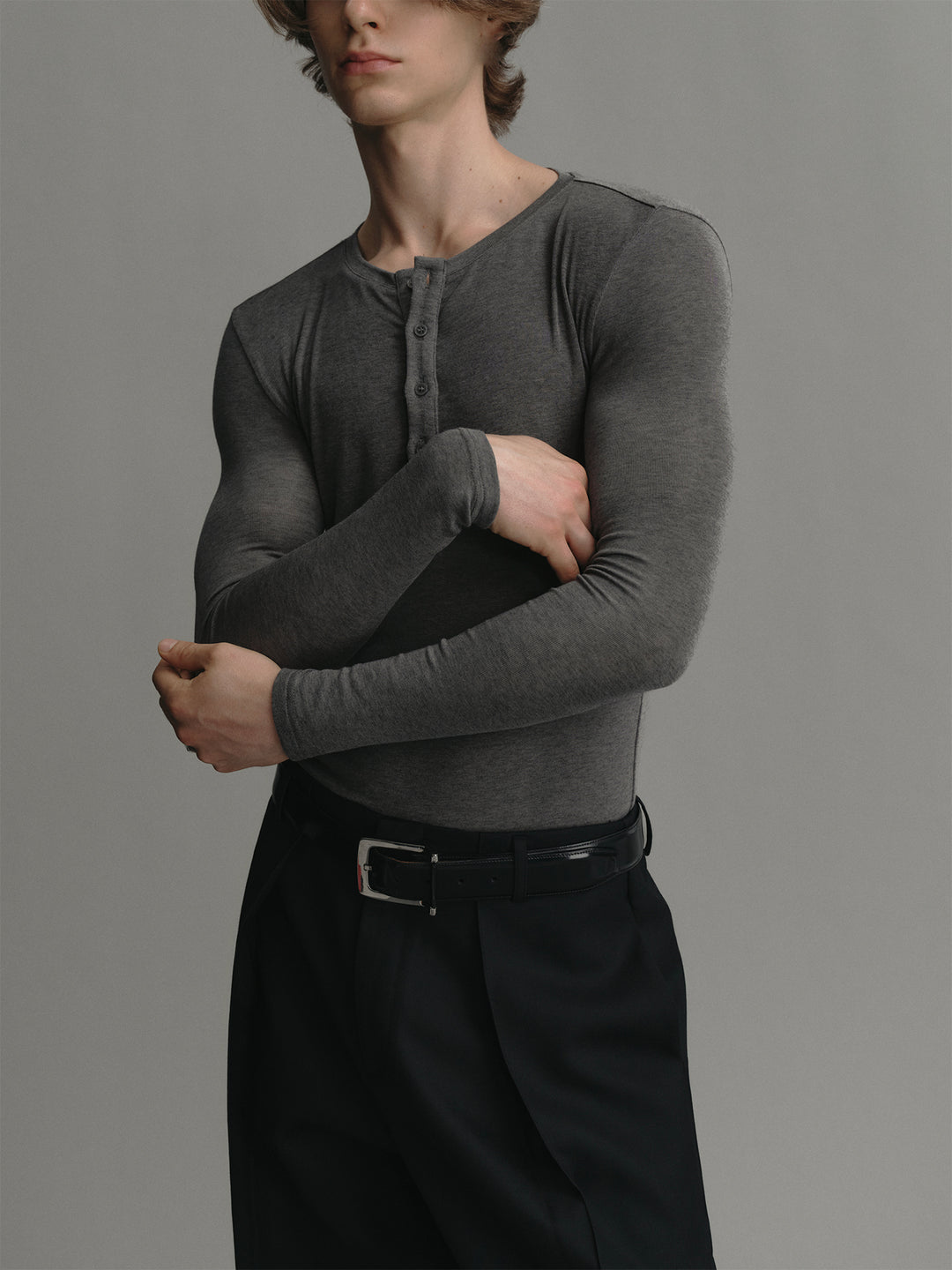 Heather Grey Henley Neck Lyocell & Wool Long-sleeve Sun Protection T-shirt
