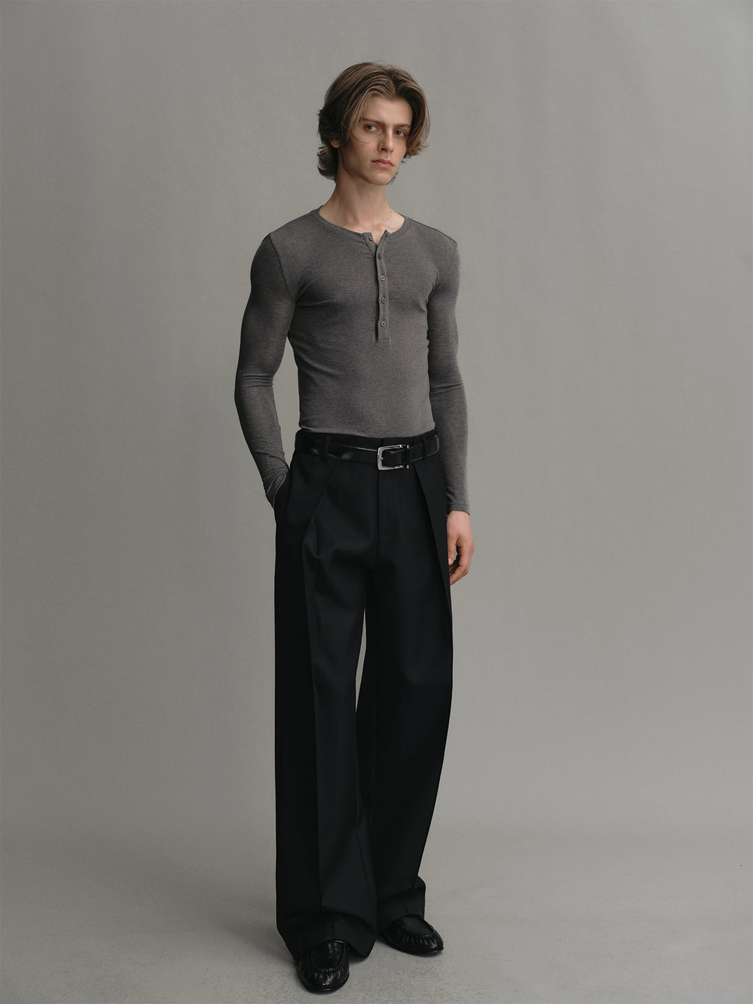 Heather Grey Henley Neck Lyocell & Wool Long-sleeve Sun Protection T-shirt