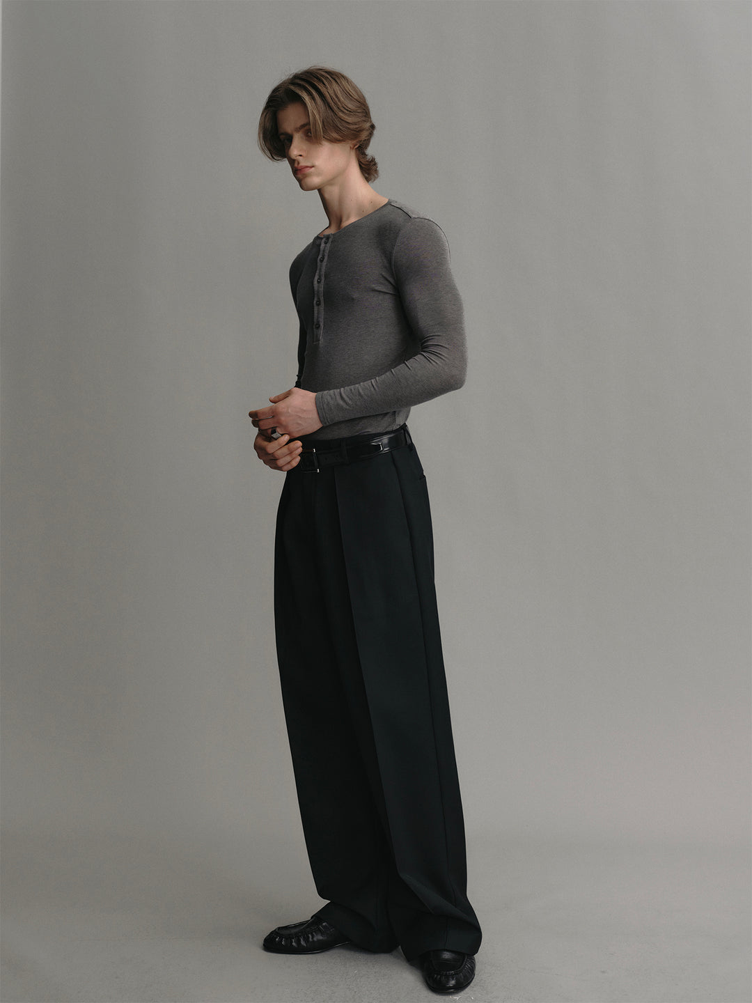Heather Grey Henley Neck Lyocell & Wool Long-sleeve Sun Protection T-shirt