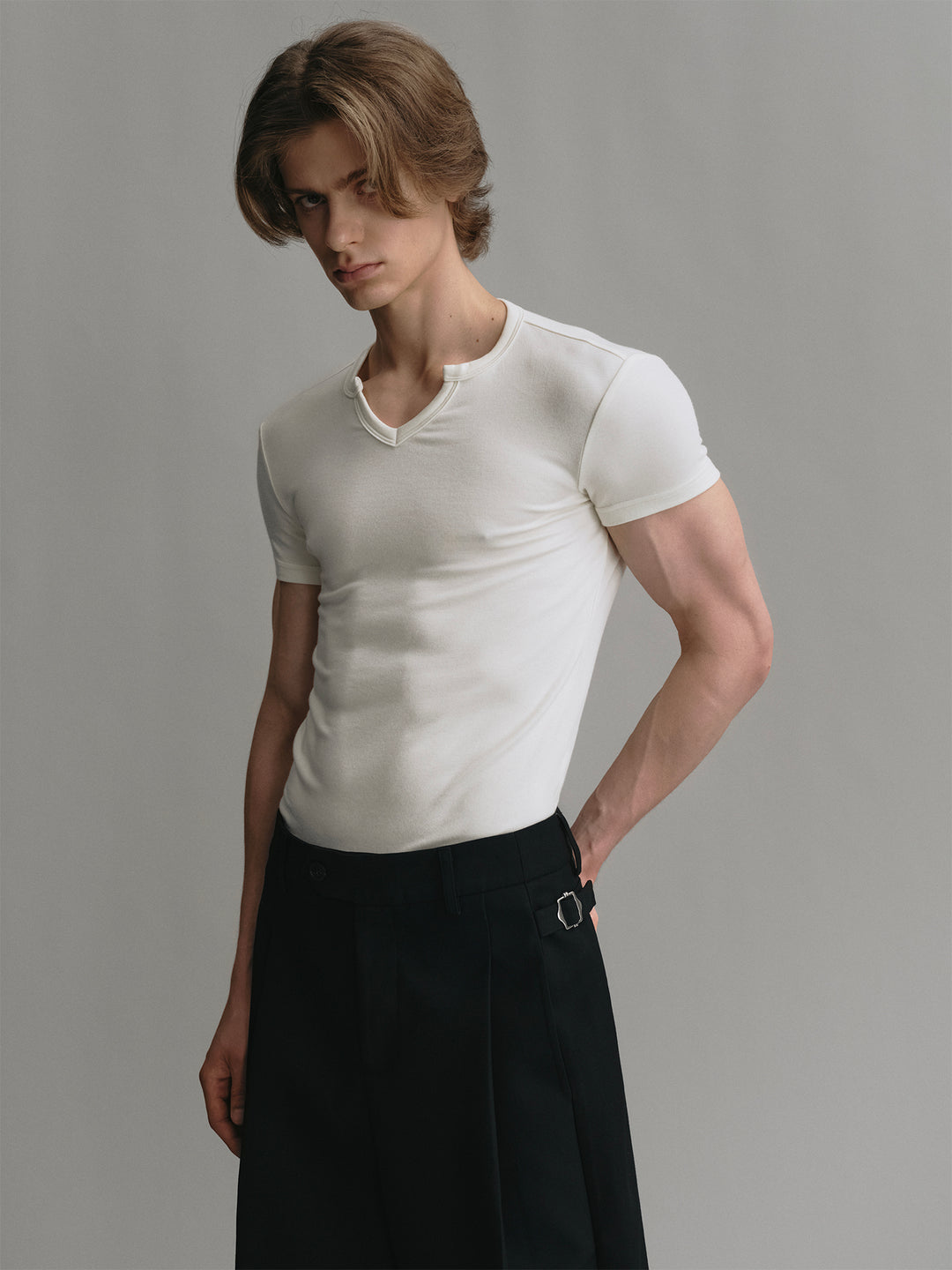 Acetate Wool U-neck Slim-fit Short-sleeve T-shirt