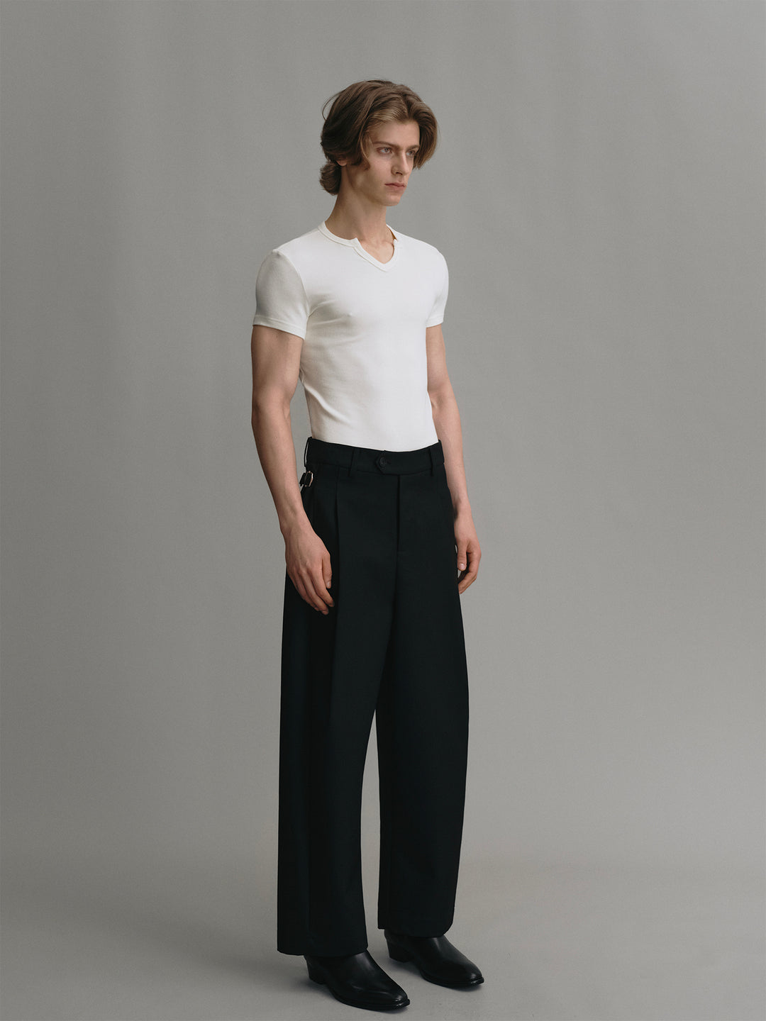 Acetate Wool U-neck Slim-fit Short-sleeve T-shirt