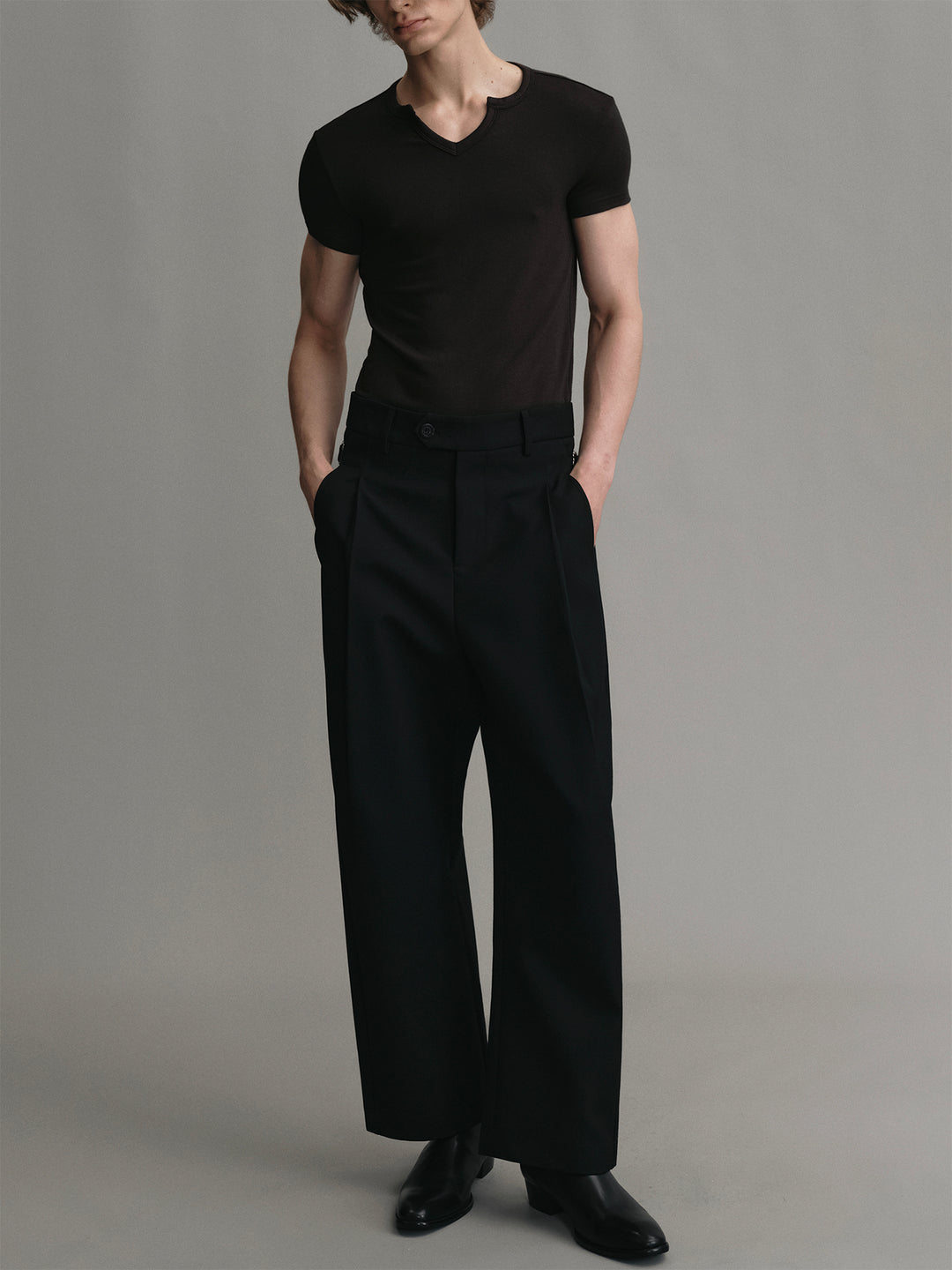 Acetate Wool U-neck Slim-fit Short-sleeve T-shirt