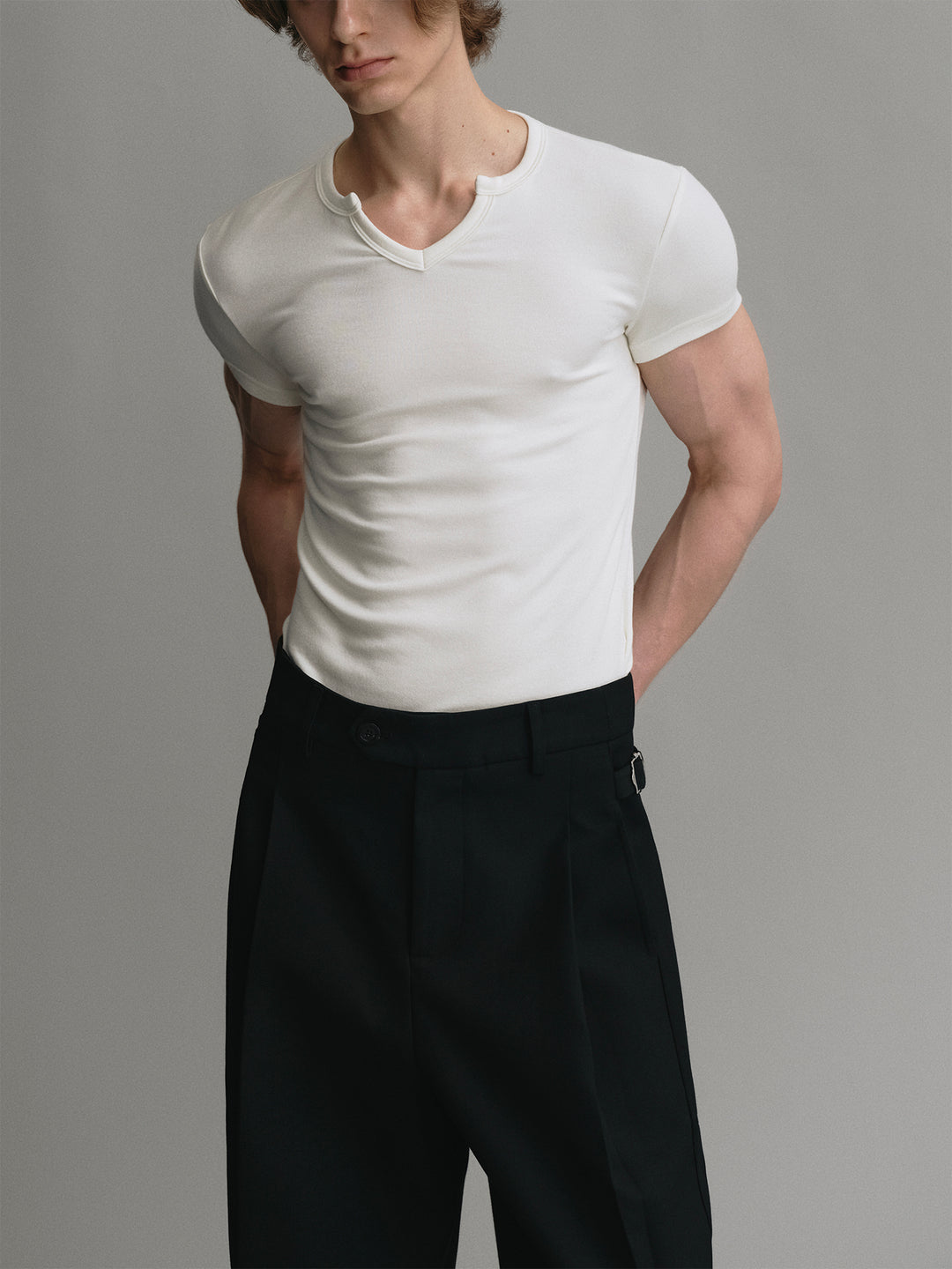 Acetate Wool U-neck Slim-fit Short-sleeve T-shirt