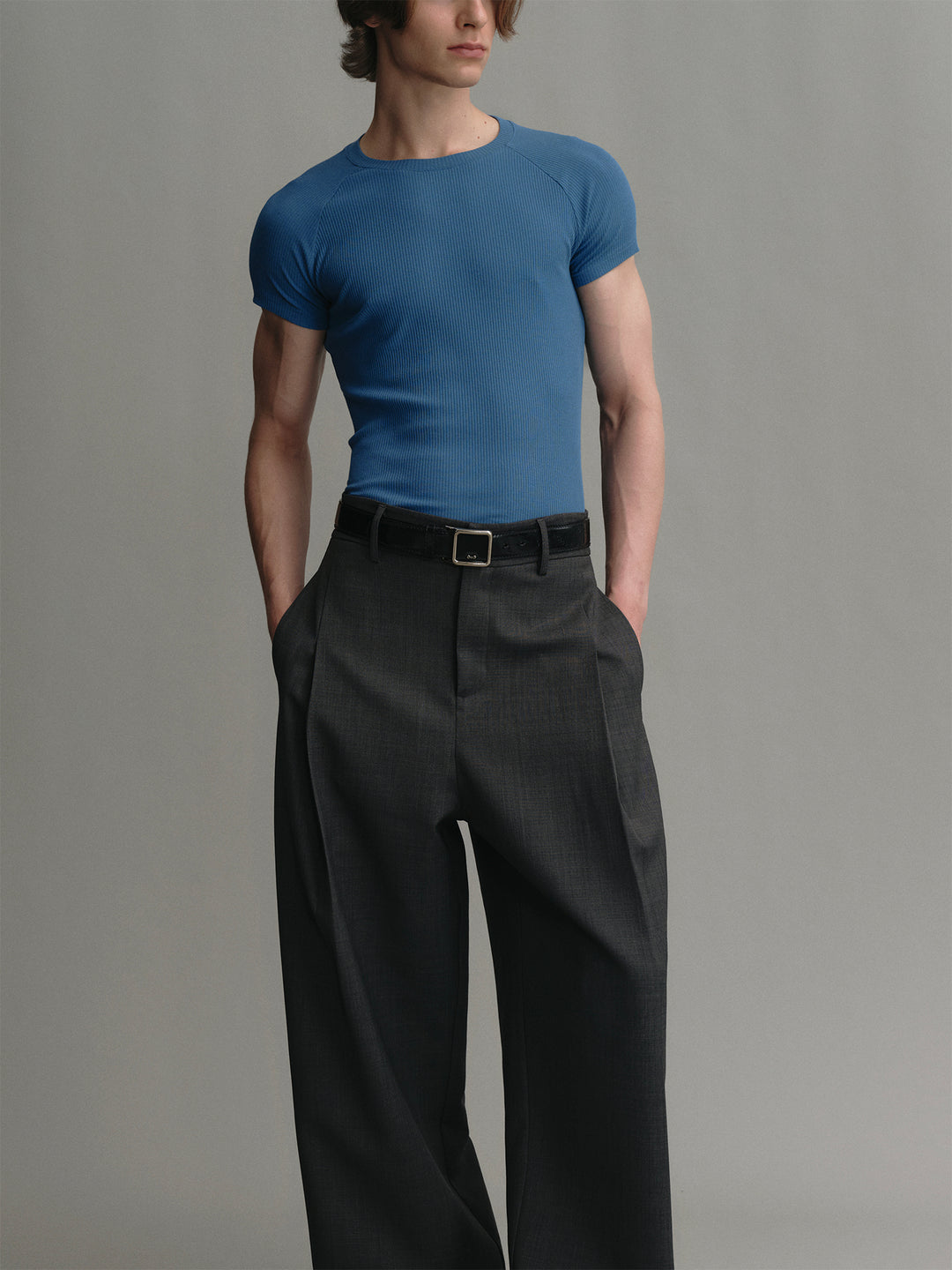 Ocean Blue Crew Neck Stretch Slim-fit T-shirt With Raglan Sleeves