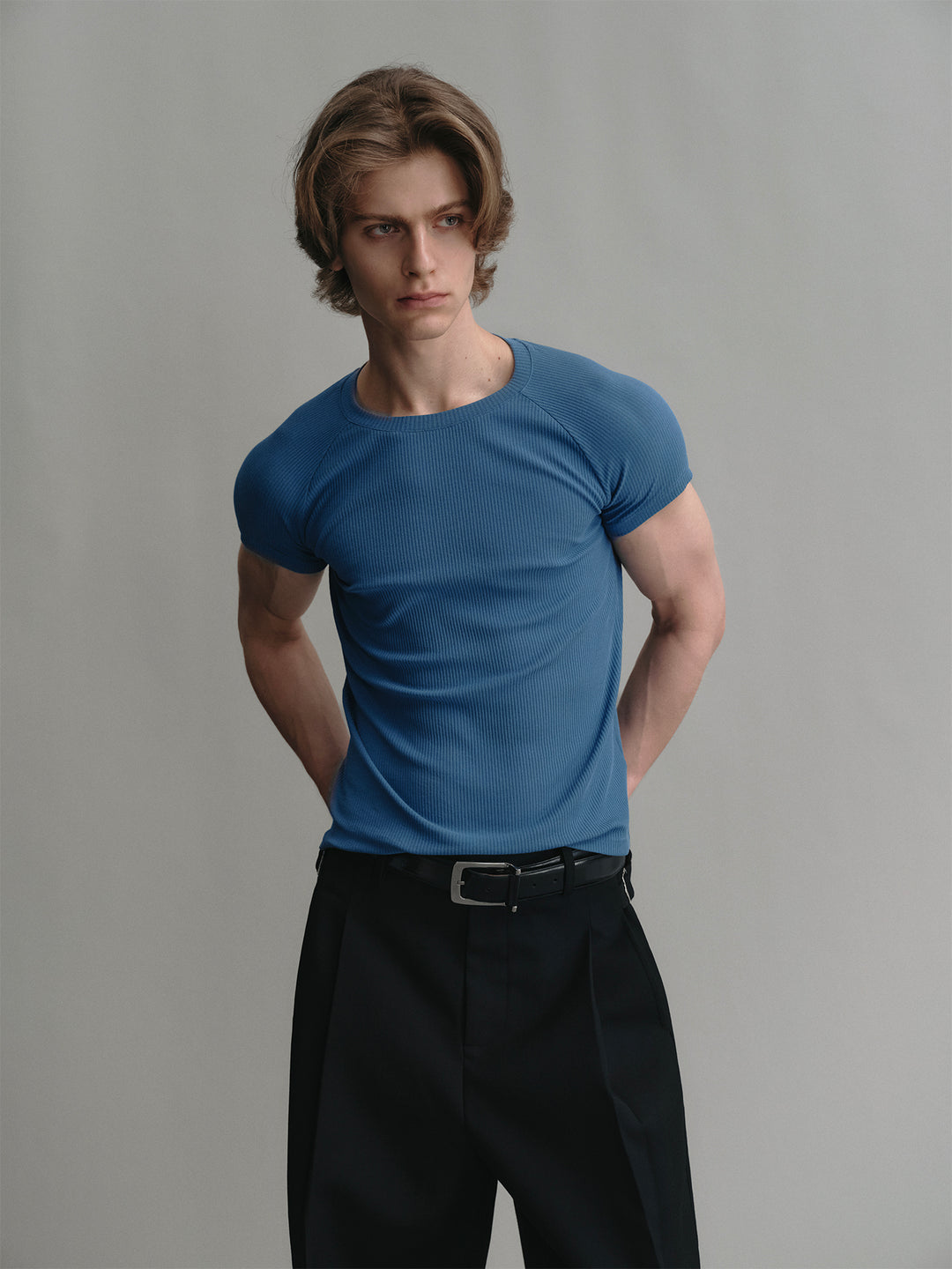 Ocean Blue Crew Neck Stretch Slim-fit T-shirt With Raglan Sleeves