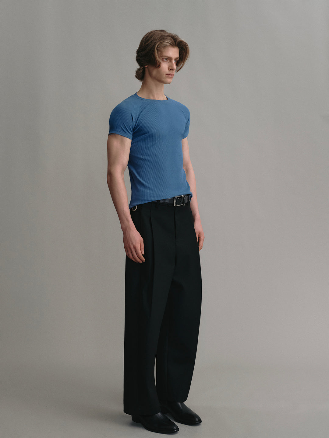 Ocean Blue Crew Neck Stretch Slim-fit T-shirt With Raglan Sleeves