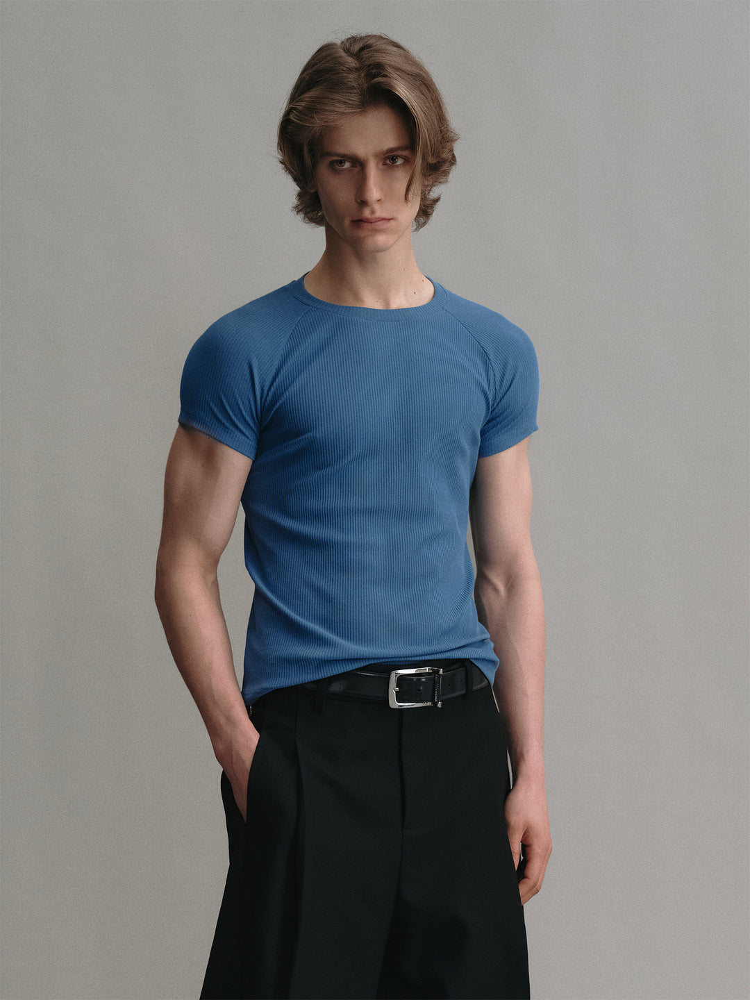Ocean Blue Crew Neck Stretch Slim-fit T-shirt With Raglan Sleeves