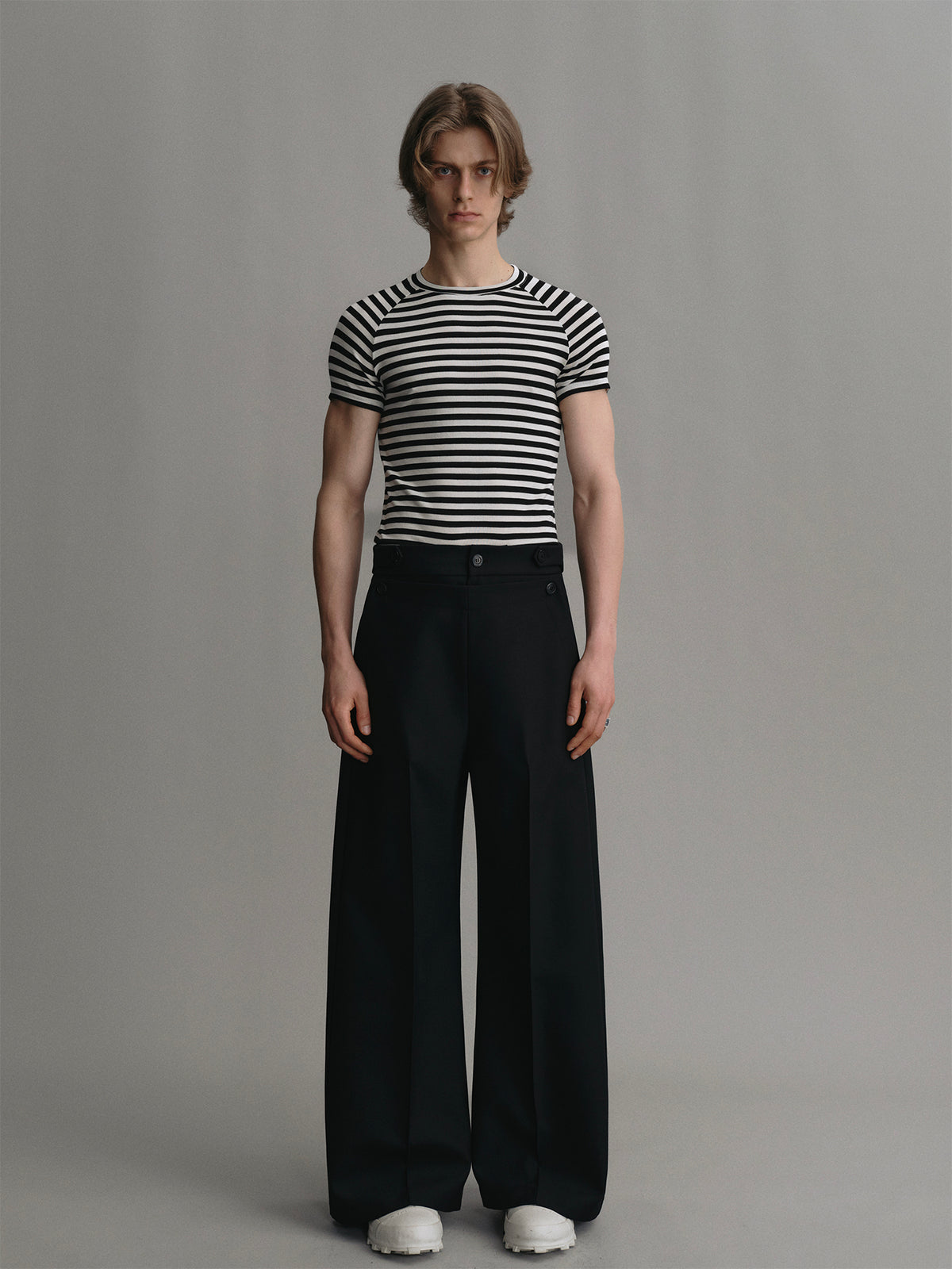 Black and white striped stretchy slim   fit t   shirt made of lyocell and wool