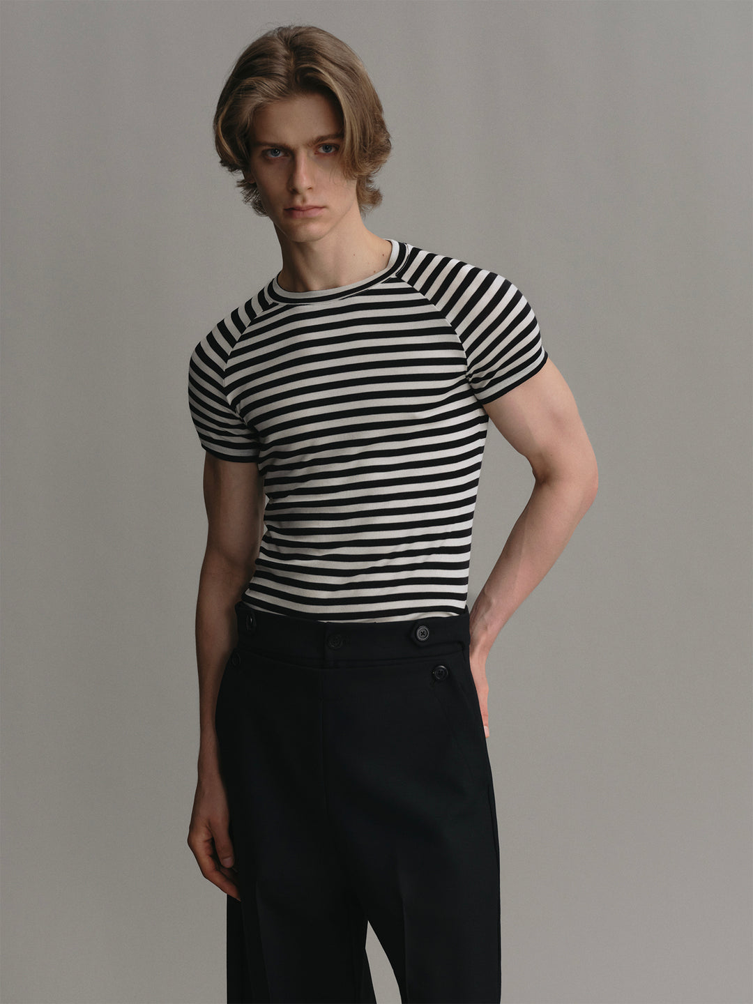 Black And White Striped Stretchy Slim - Fit T - Shirt Made Of Lyocell And Wool