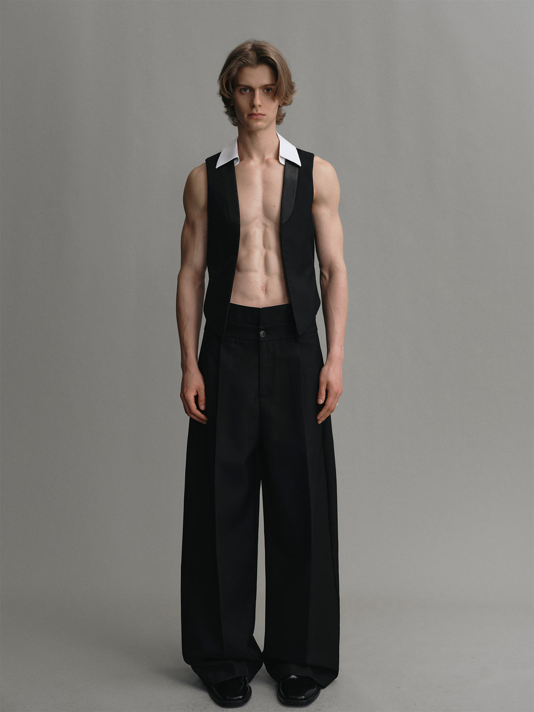 Buttonless Spliced Design Wool Acetate Cropped Suit Waistcoat