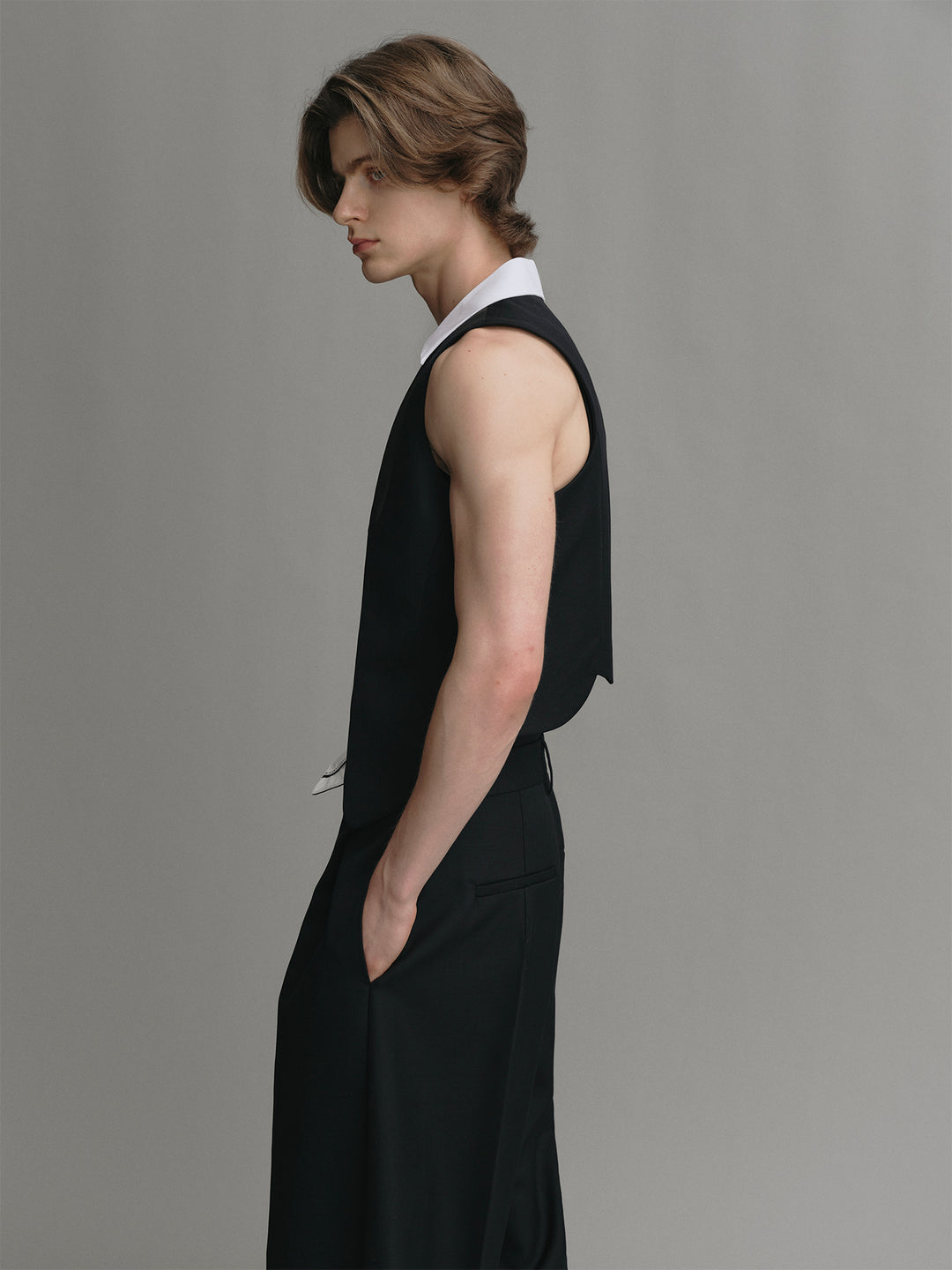 Buttonless Spliced Design Wool Acetate Cropped Suit Waistcoat
