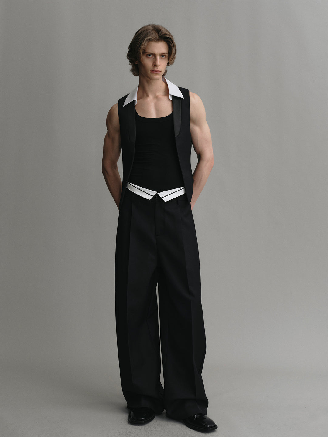 Buttonless Spliced Design Wool Acetate Cropped Suit Waistcoat
