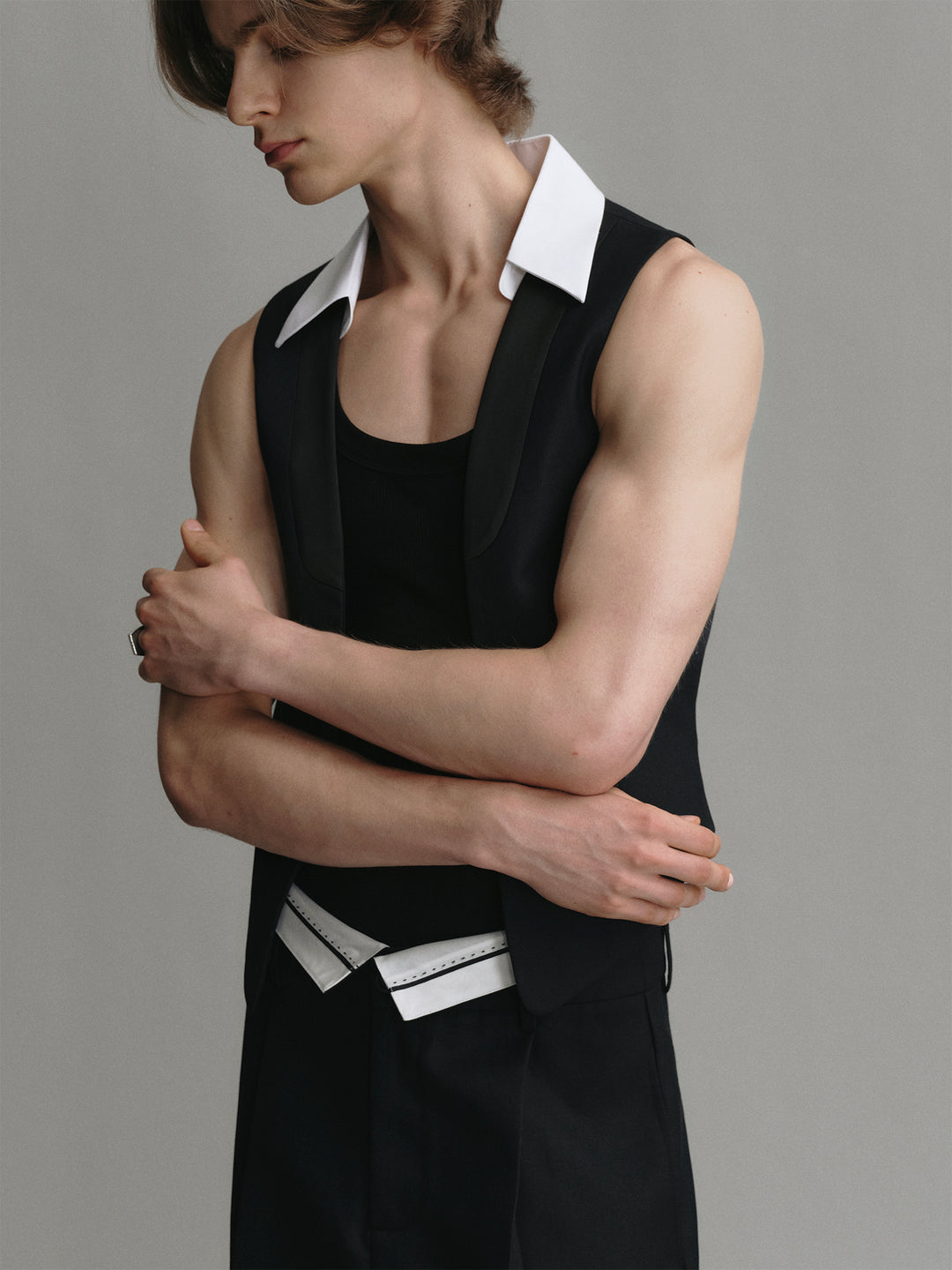 Buttonless Spliced Design Wool Acetate Cropped Suit Waistcoat